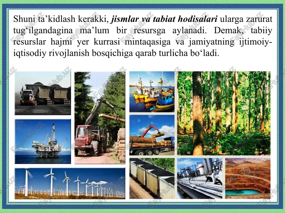 idir. bu tushuncha yer yuzasining hayot, qurilish va qishloq xo‘jaligi uchun yaroqli qismini anglatadi. jahon yer fondi 13 milliard gektarga yaqin maydonni tashkil etadi. jahon yer fondi tarkibiga quyidagilar kiradi: o‘rmonlar va butalar - 31%; yaylovlar, yaylovlar - 24%; haydaladigan yerlar va plantatsiyalar - 11%; shaharlar, yo‘llar va boshqa binolar egallagan yerlar - 3%; unumsiz erlar -28%. turli mamlakatlarda turli xil yer resurslari mavjud. ba’zilar ixtiyorida bo‘sh yerlarning (rossiya, ukraina) keng maydonlari bor, boshqalari esa bo‘sh yerlarning keskin tanqisligini his qilishadi (yaponiya, gollandiya). suv resurslari – suv yer yuzidagi eng keng tarqalgan va eng muhim mineraldir. unda yerdagi hayot tug‘ilgan va bu har bir tirik organizm uchun zarur bo‘lgan suvdir. har yili 22 mart kuni bmt qaroriga ko‘ra jahon suv kuni nishonlanadi. sayyoramizning suv resurslari – odamlar foydalanadigan yoki kelajakda foydalanish mumkin bo‘lgan barcha yer usti va yer osti suvlari tushuniladi. yer kurrasidagi suvlarning katta qismini okeanlar suvlari tashkil etadi …