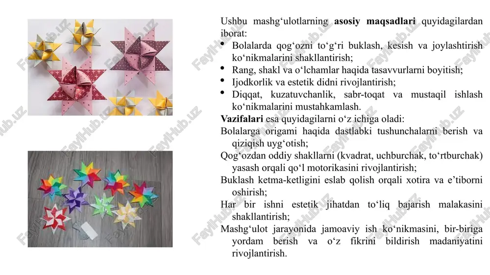 i qadrlashni oshirish har bir muvaffaqiyatli yakunlangan shakl bolada o‘z kuchi va qobiliyatlariga bo‘lgan ishonchni, g'urur va qoniqish hissini uyg‘otadi. 8 3. tayyorlov guruhlarida origami darslari: qadamlar va metodika origami o'rgatish jarayonini samarali tashkil etish uchun quyidagi qadamlarga rioya qilish lozim: oddiy shakllardan boshlash dastlab yulduzcha, qush, kapalak yoki gul kabi oson modellar bilan boshlash. bu bolalarni zeriktirmaydi va tez natija beradi. asta-sekin murakkablashish har bir qadamni aniq ko‘rsatib, bolalarga asosiy bukishlarni mustahkamlashga yordam berish va keyin murakkabroq shakllarga o‘tish. vizual yordam va amaliyot katta vizual diagrammalar, qadamlar ketma-ketligi ko‘rsatilgan plakatlar va amaliy mashg‘ulotlar orqali o‘rganishni osonlashtirish. 9 amaliy misol: origami kapalak yasash kapalak shakli tayyorlov guruhlari uchun eng sevimli va tez o‘rganiladigan modellardan biridir. u bolalarga tez natija berib, ijodkorlikni oshiradi. qog'ozni tayyorlash: kvadrat shaklidagi rangli qog‘ozni tanlash va asosiy diagonal bukishlarni bajarish. asosiy bukishlar: uchburchak va kvadrat asoslarni hosil qilish. kapalak qanotlari: maxsus bukishlar orqali qanotlarga hajm va …