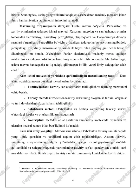 shuvlar o‘rtasidagi bog‘liqlik: kurs ishida tarixiy tasviriy san’at namunalarini zamonaviy uslublar bilan taqqoslash va tasviriy san’atning qanday o‘zgarishlarga yuz tutganini aniqlashga intilish ko‘rsatilgan. masalan, qadimiy naqqoshlik va miniatyura san'ati zamonaviy tasviriy san'atning shakllanishiga qanday ta'sir ko‘rsatganligi va bu san'at shakllarining bugungi kunda qanday yangilanganligi o‘rganiladi. 2. yangi texnologiyalar va tasviriy san'atdagi innovatsiyalar: kurs ishida zamonaviy texnologiyalarning (kompyuter grafikasi, raqamli san’at, interaktiv tasvirlar va boshqalar) tasviriy san'atda qo‘llanilishining o‘rganilishi ilmiy yangilik sifatida taqdim etiladi. o‘zbekiston tasviriy san'atida raqamli asarlarning yaratilişi, yangi texnikalar va usullar orqali o‘zgacha ifoda vositalarining paydo bo‘lishi haqidagi fikrlar ilgari suriladi. 3. san’at asarlarining madaniy ahamiyatini yangi kontekstda ko‘rsatish: tasviriy san'at asarlari nafaqat estetik qadriyatlarni, balki milliy va ijtimoiy g‘oyalarni ifodalaydi. kurs ishida, o‘zbekiston tasviriy san’atining ijtimoiy, siyosiy va madaniy kontekstdagi o‘zgarishlarni aks ettirishi va yangi yondashuvlar orqali bu o‘zgarishlarning tushunilishi ko‘rsatiladi. 4. kulturologik yondashuv: tasviriy san’atni o‘rganishda kulturologik yondashuvni qo‘llash, san’at asarlarining nafaqat estetik, balki ijtimoiy va …