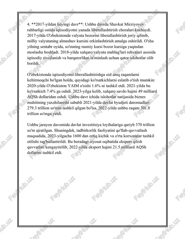 dollargacha yetkazishga erishdi. raqamlardan kelib chiqsak, paxta hamda g‘alla yetishtirish sohasida sezilarli o‘zgarishlar yuz berdi. 2019 yilga nisbatan, 2020-yilda paxta hosildorligi 9 foizga, g‘alla hosildorligi esa 8.5 foizga oshdi. ushbu o‘zgarishlar eniya hosilni eksport qilish imkoniyatlarini kengaytirdi. sobiq sovet ittifoqining qulashidan boshlab, paxta eksporti daromadlari o‘zbekistonning valyuta tushumlarida sezilarli o‘rin egallagan edi, ammo hozirgi islohotlar, boshqa qishloq xo‘jaligi mahsulotlarini diversifikatsiya qilish uchun imkoniyatlarni yanada kengaytirdi. mamlakatda sabzavot va meva-sabzavotchilik sohasida ham yangiliklar mavjud. ma'lumotlarga ko‘ra, 2021 yilda meva va sabzavotlar ishlab chiqarish hajmi 23 million tonnaga yetdi, bu 2020 yilga nisbatan 7 foizga ko‘pdir. shuningdek, uzum ishlab chiqarish hajmi 1.7 million tonnaga yetkazildi. hukumat tomonidan tashkil etilgan urug‘chilik klasterlari va texnologik parklari hisobiga bugungi kunda qishloq xo‘jalik mahsulotlarining eksporti hajmi 15 foizga oshirildi. bunda asosiy e'tibor ichki talabni qondirish barobarida, xorijiy bozorlarda ham o‘zbekiston mahsulotlariga bo‘lgan talabni yanada oshirishga qaratilgan. qisqa muddat ichida o‘zbekiston qishloq xo‘jaligi islohotlari importning pasayishi va …