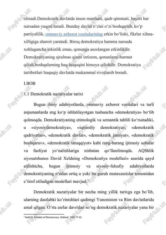 asi tomonidan boshqarilishi», degan ma’no-mazmunga, talqinga olib keladi. [3: https://namdu.uz/media/books/pdf/2024/05/18/namdu-arm-1028-ozbekistonda_demokratiya_va_milliy_demokratik_taraqq_h2kfnxk.pdf 8-9-betlar] biroq barcha siyosiy tuzum, davlat ham demokratiyaga, jamoaviy boshqarishga tayanavermaydi, lekin ularda ijtimoiy taraqqiyotga intiluvchi elementlar, kuchlar mudom mavjuddir. ushbu elementlar, kuchlar nazarda tutgan ijtimoiy taraqqiyotning nazariy modellarini qo‘llab-quvvatlanganida demokratik taraqqiyotga real imkoniyat yaratiladi.[footnoteref:4] [4: https://namdu.uz/media/books/pdf/2024/05/18/namdu-arm-1028-ozbekistonda_demokratiya_va_milliy_demokratik_taraqq_h2kfnxk.pdf 17-bet] tadqiqotchilar demokratik rivojlanishning xususiyatlarini o‘rganib, ularni ikki guruhga - imoralistik demokratiya va integralistik demokratiyaga klassifikatsiya qiladilar.[footnoteref:5] integralistik demokratiya marksizm nazariyasiga asoslangan sotsialistik, xalq, kommunitar demokratiyani o‘z ichiga oladi. ushbu yo‘nalish, konsepsiya tarafdorlarining fikricha, xalq o‘zidan o‘zi jamiyat va davlatni boshqara olamaydi, uni yetaklaydigan, qaerga borishini ko‘rsatib siyosiy rahnomolik qiladigan kuch kerak. bunday kuch kommunistik partiya yoki kommunistlardir. aslida gap kim rahnamolik qilganida emas, chunki jamiyat va davlat bunday kuchga immanent tarzda muhtojdir, balki u (kuch) qanday siyosiy strategiyaga, maqsadga ega, ushbu maqsadga qanday yo‘llar, vositalar bilan erishishni ko‘zlaganidadir. ekspluatatorlarni ekspropriatsiya qilish, ya’ni hukmron sinfni sinf sifatida tugatish integralistik konsepsiyaning maqsadi edi. g‘ayriinsoniy …