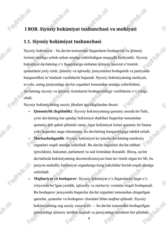 boshqaruv jarayonini samarali amalga oshirishga xizmat qiladi. qonun chiqaruvchi hokimiyat qonun chiqaruvchi hokimiyat, odatda, parlament yoki boshqa vakolatli organlar orqali amalga oshiriladi. bu hokimiyatning asosiy vazifasi – davlatning asosiy qonunlarini ishlab chiqish va tasdiqlash, shuningdek, siyosiy tizimni tartibga solish va yangi qonunlar, nizomlar va qonun hujjatlarini joriy qilishdan iboratdir. parlament yoki qonun chiqaruvchi organlar, odatda, xalq vakillari tomonidan saylanadi va davlatning qonun chiqarish faoliyatini amalga oshiradi. qonun chiqaruvchi hokimiyat faqatgina jamiyatning huquqiy tizimini shakllantirishda emas, balki davlatning boshqa organlari tomonidan amalga oshirilgan faoliyatni nazorat qilishda ham muhim rol o‘ynaydi. qonun chiqaruvchi hokimiyat davlatning ijtimoiy va siyosiy tizimida markaziy o‘rin tutadi va fuqarolarning huquqlarini himoya qilishni ta'minlashga qaratilgan. ijro etuvchi hokimiyat ijro etuvchi hokimiyat davlatning maqsadlarini amalga oshirishda asosiy rolni bajaradi. u davlatning ijtimoiy va iqtisodiy siyosatining amalga oshirilishini ta'minlaydi. ijro etuvchi hokimiyat orqali davlat qarorlari amalga oshiriladi va turli ijtimoiy sohalarda islohotlar va o‘zgarishlar kiritiladi. ijro etuvchi hokimiyat organlariga prezident, …