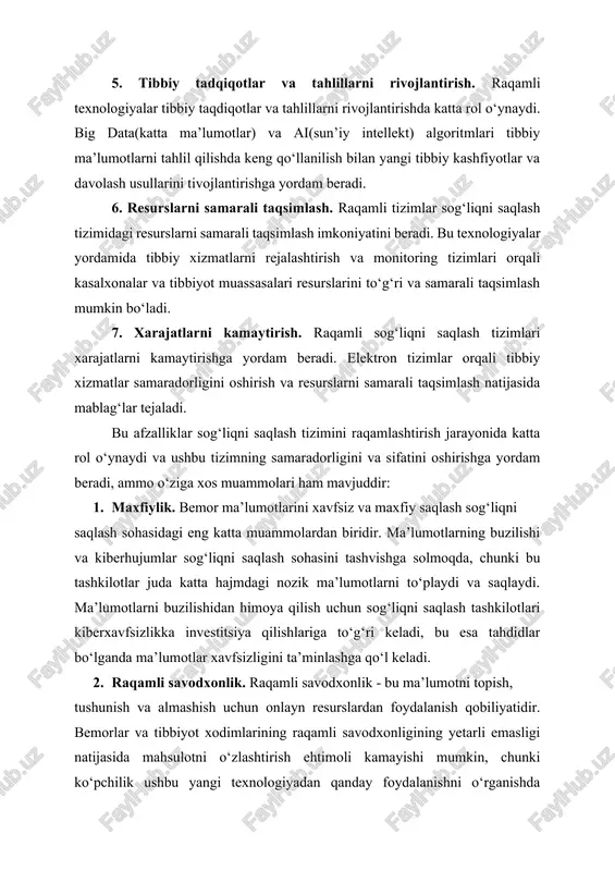 iklar sog‘liqni saqlash tizimini raqamlashtirish jarayonida katta rol o‘ynaydi va ushbu tizimning samaradorligini va sifatini oshirishga yordam beradi, ammo o‘ziga xos muammolari ham mavjuddir: 1. maxfiylik. bemor ma’lumotlarini xavfsiz va maxfiy saqlash sog‘liqni saqlash sohasidagi eng katta muammolardan biridir. ma’lumotlarning buzilishi va kiberhujumlar sog‘liqni saqlash sohasini tashvishga solmoqda, chunki bu tashkilotlar juda katta hajmdagi nozik ma’lumotlarni to‘playdi va saqlaydi. ma’lumotlarni buzilishidan himoya qilish uchun sog‘liqni saqlash tashkilotlari kiberxavfsizlikka investitsiya qilishlariga to‘g‘ri keladi, bu esa tahdidlar bo‘lganda ma’lumotlar xavfsizligini ta’minlashga qo‘l keladi. 2. raqamli savodxonlik. raqamli savodxonlik - bu ma’lumotni topish, tushunish va almashish uchun onlayn resurslardan foydalanish qobiliyatidir. bemorlar va tibbiyot xodimlarining raqamli savodxonligining yetarli emasligi natijasida mahsulotni o‘zlashtirish ehtimoli kamayishi mumkin, chunki ko‘pchilik ushbu yangi texnologiyadan qanday foydalanishni o‘rganishda ikkilanishlari mumkin. bundan tashqari, ushbu qurilmalardan qanday foydalanish haqida xabardorlik yetishmasligi tufayli maxfiylik va xavfsizlik bilan bog‘liq muammolar paydo bo‘lishi mumki 3. infratuzilmaviy to‘siqlar. sog‘liqni saqlash muassasalarida raqamli sog‘liqni saqlash …