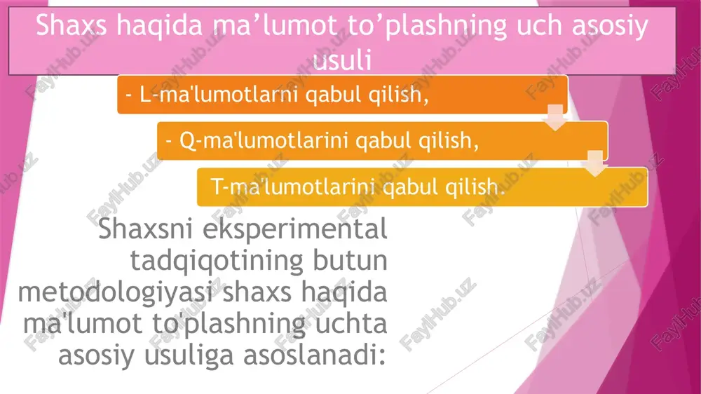 odamlar har xil bo'lsa-da, shaxsiy og'ishlar (masalan, xarakter urg'usi) odatda odatiy stsenariyga amal qiladi. hatto ma'lum darajada cho'zilgan holda aytish mumkinki, odamdagi tipologik har qanday ko'rinish allaqachon muammoning namoyon bo'lishi deb hisoblanishi mumkin. shaxsiy xususiyatlarga asoslangan so'rovnomalar "oddiy" odamlar bilan ishlashda ham, jiddiy og'ishlar bilan ishlashda ham yaxshi ishlashi mumkin. ushbu turdagi anketa universal va tadqiqotchi psixolog uchun qulayroqdir. agar so'rovnomada bir nechta yoki bir nechta shkalalar mavjud bo'lsa, unda "shaxs profillari" tuzilishi mumkin. tipologik anketalarda asosiy natija sub'ektning u yoki bu shaxs turi bilan bog'liqligi hisoblanadi. eng mashhur tipologik anketalardan biri bo'lgan mmpi ham profillarni yaratadi, ammo buning maqsadga muvofiqligi shubhasiz emas." ba'zan - masalan, pdoda - tashxis ikki turning kombinatsiyasini o'z ichiga olishi mumkin. shaxsni eksperimental o'rganish metodologiyasi. shaxsni o'rganish usullari voqelikni ilmiy bilishning quyidagi to'rtta darajasida ko'rib chiqiladi: metodologik, nazariy, empirik va o'ziga xos texnika va usullar darajasi. ba'zi usullar umumiy ilmiy ahamiyatga ega, ba'zilari esa shaxsni …