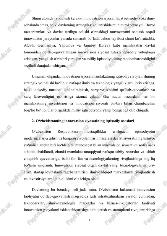 i rag‘batlantirish, ilmiy-tadqiqot markazlarini rivojlantirish va investitsiyalarni jalb qilishni o‘z ichiga oladi. davlatning bu boradagi roli juda katta. o‘zbekiston hukumati innovatsion faoliyatni qo‘llab-quvvatlash maqsadida turli infratuzilmalarni yaratdi. jumladan, texnoparklar, ilmiy-texnologik markazlar va biznes-inkubatorlar faoliyati innovatsion g‘oyalarni ishlab chiqarishga tatbiq etish va startaplarni rivojlantirishga xizmat qiladi. shu bilan birga, davlat moliyaviy jihatdan ham yordam beradi: innovatsion loyihalarni moliyalashtirish, grant va subsidiya berish, soliq va bojxona imtiyozlarini taqdim etish orqali tadbirkorlar va ilmiy jamoalarni rag‘batlantiradi. bu chora-tadbirlar iqtisodiyotda yangi ish o‘rinlarini yaratish, milliy ishlab chiqarishning raqobatbardoshligini oshirish va umumiy iqtisodiy samaradorlikni yaxshilashga xizmat qiladi. o‘zbekistonning innovatsion siyosati iqtisodiy barqarorlikni ta’minlash va raqobatbardosh iqtisodiyot yaratish borasida aniq natijalar bermoqda. so‘nggi yillarda texnoparklar orqali yuzlab startap loyihalar amalga oshirildi, it va raqamli texnologiyalar sohasida yangi ish o‘rinlari yaratildi, ilmiy-tadqiqot markazlari esa ilg‘or texnologiyalarni ishlab chiqarishga tatbiq etish bo‘yicha samarali faoliyat ko‘rsatmoqda. shu bilan birga, xorijiy investitsiyalarni jalb qilish orqali o‘zbekiston xalqaro bozorlar bilan hamkorlikni …