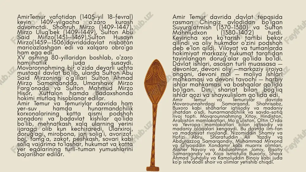 zgacha yetib kelgan. bu tarjimaning mo'tabar qo' lyozmalari rossiya, hindiston, eron, turkiya, misr, angliya, fransiya va boshqa mamlakatlar xazinalarida mavjud. "temur tuzuklari" ning forsiy matni 1783, 1785, 1890 va 1963-yillari yevropa va sharq tillaridagi tarjimalari bilan birga nashr etilgan. «temur tuzuklari» ushbu ma’ruzada alisher navoiy (1441-1501) nasriy asarlarining tarixiy manba sifatidagi xususiyatlariga e’tibor bermoqchimiz. chunki, navoiyning ulkan she’riy merosi, dostonlari va asarlari badiiy adabiyot namunasi sifatida keyingi xx asrda ham yurtimizda juda katta e’tiborga sazovor bo'lgan bo'lsa-da, ammo uning tarix ilmiga qo'shgan ulkan hissasi. bizning fikrimizcha, tarixchi olimlarimiz e’tiboridan chetda qolib keldi. maxsus tarixiy asarlari ham faqat filologik nuqtayi nazardan o'rganildi, xolos. alisher navoiy asarlarini manbashunoslik nuqtayi nazaridan tadqiq qilish uchun mukammal asariar yigirma tomligini asos qilib olish mumkin. alisher navoiy nasrda «munojot*, «tarixi anbiyo va hukamo», «tarixi muluki ajam*, «xamsat ul-mutahayyirin*, «holoti sayyid hasan ardasher*, «holoti pahlavon muhammad*, «vaqfiya*, «majolis un- nafois*, «nasoyim ul-muhabbat*, «mezon ul-avzon*, «munshaot*, ♦muhokamat ul-lug'atayn* …