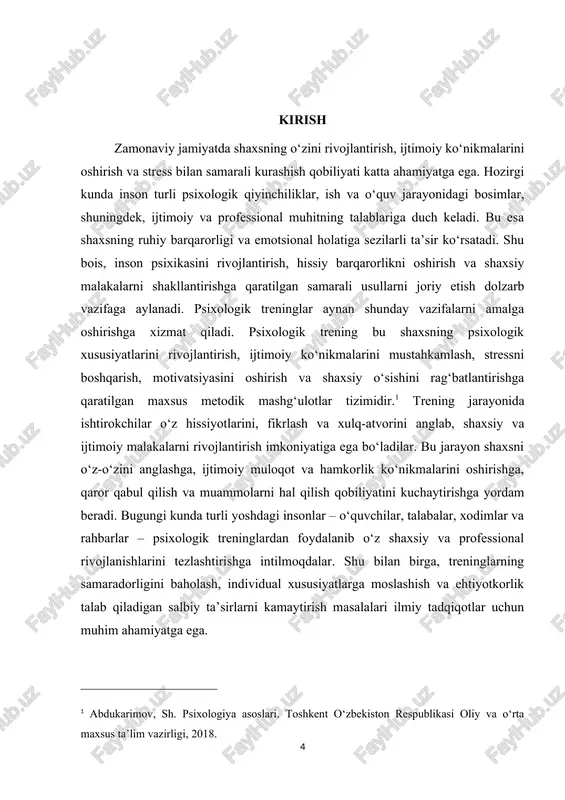 nligini aniqlash, ularning ijtimoiy va emotsional ko‘nikmalarni rivojlantirishdagi rolini tahlil qilish va shaxsning umumiy psixologik rivojlanishiga qo‘shadigan hissasini ko‘rsatishdan iborat. bu esa psixologik treninglarni nafaqat nazariy, balki amaliy jihatdan samarali qo‘llash imkoniyatini beradi. kurs ishining vazifalari -psixologik trening tushunchasi, mohiyati va turlarini o‘rganish -treninglarning shaxs psixikasiga, motivatsiyasiga va ijtimoiy ko‘nikmalariga ta’sir mexanizmlarini aniqlash -turli yosh va kasbdagi shaxslar uchun treninglarning samaradorligini o‘rganish -amaliy tadqiqot orqali treningning shaxs rivojiga ijobiy ta’sirini tahlil qilish -treninglarni samarali tashkil etish va individual xususiyatlarga moslashtirish bo‘yicha tavsiyalar ishlab chiqish mavzuning obyekti: psixologik trening jarayoni va uning shaxsga ta’siri. kurs ishining predmeti: treninglarning shaxsning psixologik holati, ijtimoiy ko‘nikmalari, motivatsiyasi va hissiy barqarorligiga ta’siri. ushbu kurs ishining tarkibiy tuzilishi kirish ikki asosiy bob 6 paragraf xulosa va foydalanilgan adabiyotlardan iborat i bob psixologik trening tushunchasi va uning shaxs rivojiga ta’siri 1.1 psixologik treningning mohiyati va asosiy tushunchalari psixologik trening – bu shaxsning psixologik xususiyatlarini rivojlantirish, hissiy barqarorligini …