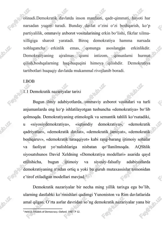 anavermaydi, lekin ularda ijtimoiy taraqqiyotga intiluvchi elementlar, kuchlar mudom mavjuddir. ushbu elementlar, kuchlar nazarda tutgan ijtimoiy taraqqiyotning nazariy modellarini qo‘llab-quvvatlanganida demokratik taraqqiyotga real imkoniyat yaratiladi. tadqiqotchilar demokratik rivojlanishning xususiyatlarini o‘rganib, ularni ikki guruhga - imoralistik demokratiya va integralistik demokratiyaga klassifikatsiya qiladilar. integralistik demokratiya marksizm nazariyasiga asoslangan sotsialistik, xalq, kommunitar demokratiyani o‘z ichiga oladi. ushbu yo‘nalish, konsepsiya tarafdorlarining fikricha, xalq o‘zidan o‘zi jamiyat va davlatni boshqara olamaydi, uni yetaklaydigan, qaerga borishini ko‘rsatib siyosiy rahnomolik qiladigan kuch kerak. bunday kuch kommunistik partiya yoki kommunistlardir. aslida gap kim rahnamolik qilganida emas, chunki jamiyat va davlat bunday kuchga immanent tarzda muhtojdir, balki u (kuch) qanday siyosiy strategiyaga, maqsadga ega, ushbu maqsadga qanday yo‘llar, vositalar bilan erishishni ko‘zlaganidadir. ekspluatatorlarni ekspropriatsiya qilish, ya’ni hukmron sinfni sinf sifatida tugatish integralistik konsepsiyaning maqsadi edi. g‘ayriinsoniy ushbu yondashish xx asr oxiriga kelib inqirozga uchradi, plyuralistik konsepsiya esa turli sinflar, guruhlar va shaxslar manfaatlarini uyg‘unlashtirgani, hisobga olgani uchun o‘zining ijtimoiy …