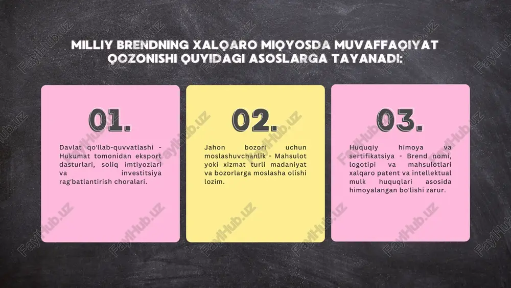 staqil xalqaro baholash tashkilotlari tomonidan berilgan reytinglar. milliy brendnimilliy brendni xalqaro bozordaxalqaro bozorda muvaffaqiyatlimuvaffaqiyatli rivojlantirishrivojlantirish omillariomillari sifat va innivatsiya xalqaro bozorda muvaffaqiyatli brend yaratilishi uchun mahsulot yoki xizmat: xalqaro standartlarga javob berishi (iso, ce, fda va boshqalar); yuqori sifatga ega bovђ�lishi va istevђ™molchilarning talablarini qondirishi; texnologik jihatdan innovatsion bovђ�lishi va bozor ehtiyojlariga moslashganligi. masalan, apple brendi o ʻz innovatsion mahsulotlari bilan jahon bozorida yetakchilik qiladi. raqobatbardosh marketing strategiyasi xalqaro bozorda muvaffaqiyatga erishish uchun marketing strategiyasi quyidagilarga asoslanishi kerak: xalqaro brending vђ“ logotip, ranglar, dizayn va brend identifikatsiyasini global miqyosda tanitish; targeting va segmentatsiya vђ“ turli mamlakatlar uchun alohida marketing strategiyalarini ishlab chiqish; raqamli marketing va onlayn savdo seo, smm va boshqa onlayn platformalar orqali reklama. misol uchun, nike o ʻz marketing strategiyasini turli sportchilar va turli bozor segmentlariga yovђ�naltirib, global muvaffaqiyatga erishgan. brendni huquqiy himoya qilish xalqaro bozorda faoliyat yuritish uchun brendning: tovar belgisi va logotipi patentlangan bolishi (wipo, uspto …