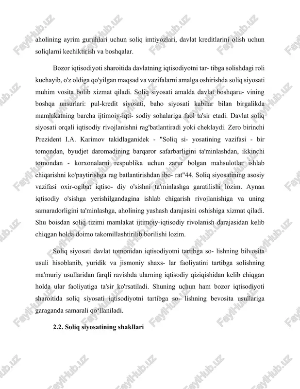 satining shakli va yo'nalishlarining asosi bo'lib, davlatning siyosiy boshqaruvi, milliy xususiyat va maqsad- lar, ma'muriy-hududiy tuzilish, turli mulk shakllari o'rta- sidagi o'zaro munosabatlar kabi qator omillar hisoblanadi. soliq siyosati iqtisodiy, moliyaviy va huqugiy munosabatlar- ni o'zida mujassam etgan holda soliq tizimi orgali davlat va alohida ijtimoiy guruhlarning ehtiyojlarini ta'minlash uchun moliyaviy resurslarni qayta taqsimlaydi. soliq siyosati davlatning boshqa sohalardagi siyosati kabi soliq mexanizmining samarali amal qilishi hamda soliq tizimining samaradorligini ta'minlashda muhim ahamiyatga ega bolgan ilmiy asoslangan konsepsiyasiga ega bolishi lo- zim. davlat ijtimoiy-iqtisodiy rivojlanish yo'nalishlaridan ke- lib chiqgan holda soliq siyosatining turli usullaridan foyda- lanadi. soliq siyosati iqtisodiy va moliyaviy siyosatning tarkibiy qismi bo'lganligi bois davlatning iqtisodiy va moliyaviy siyosatining usul va shakllaridan kelib chiqgan holda na- moyon boladi. soliq siyosatining quyidagi shakllari mavjud: soliq siyosatining shakllaridan biri yugori soliqlar bo'lib, ushbu shaklda davlat ko'plab soliq turlarini va yugori soliq stavkalarini joriy etadi, soliq imtiyozlarini esa imkon daraja- sida …
