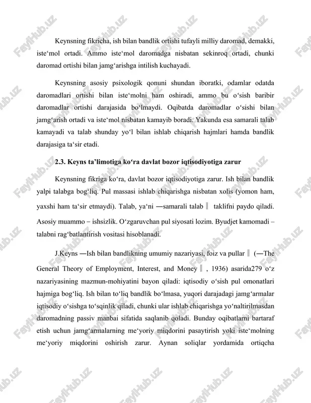 sifatida tanqid qiluvchilar koʻpaya boshladi. davlat tomonidan iqtisodiyotni tartibga solishning keynschilik nazariyasining quyidagi jihatlari tanqidga uchradi. birinchidan, realizatsiya bilan bogʻliq boʻlmagan va ishlab chiqarish jarayonlaridagi oʻzgarishlar tufayli inflyasiya surunkali xususiyat kasb etganda talabni emas, balki taklifni ragʻbatlantiruvchi davlat aralashuvi zarur boʻldi. ikkinchidan, iqtisodiyotda integratsion jarayonlarning rivojlanishi mamlakatlarning tashqi bozorga qaramligini oshirdi. bunday sharoitda davlat tomonidan talabning ragʻbatlantirilishi xorijiy investitsiyalarga ijobiy ta‘sir koʻrsatishi bilan birga iqtisodiy xavfsizlikka salbiy ta’sir koʻrsatishi tabiiy hol. shular sabab, ―samarali talab‖ning keynschilik konsepsiyasi oʻrniga ―samarali taklif‖ning neoklassik nazariyasi rivojlana bordi. 4.foydalanilgan manbalar 1. manevich v. e. teoreticheskaya sistema keynsa. k 70-letiyu vixoda ―obshey teorii zanyatosti, protsenta i deneg‖. institut problem rinka ran. biznes i banki, 2006, yanvar, no 4. str. 1-18. 2. keyns dj. m. obshaya teoriya zanyatosti, protsenta i deneg. –m.: gelios arv, 1999. –352 str. 3. toshmatov sh., g ̳iyosov a., giyasov s. soliq nazariyasi va tarixi. o ̳quv qo ̳llanma. – t.: iqtisod- …