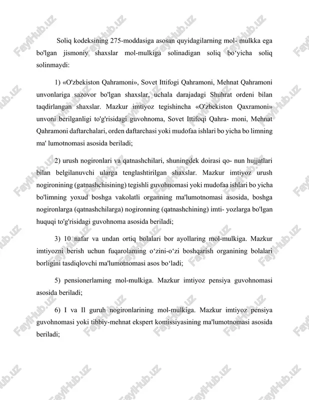 tomonidan berilgan harbiy xizmatchining yoki ichki ishlar organi xodimining halok bo'lganligi to'g'risidagi ma'lumonoma asosida beriladi. sobiq sssrni, o'zbekiston respublikasining konstitutsiyaviy tuzumini himoya qilish yoki harbiy xizmatning yoxud ichki ishlar organlaridagi xizmatning boshqa majburiyatlarini bajarish chog'ida yoki frontda bo'lish bilan bog'liq kasallik tufayli halok bo'igan harbiy xizmatchilarning youd ichki ishlar organlari xodimlarining beva xotinlariga (beva erlariga) imtiyoz faqat ular yangi nikohdan o'tmagan taqdirda beriladi; ushbu modda birinchi gismining 3, 5 va 6-bandlarida ko'rsatilgan imtiyozlar gonun hujjatlarida belgilangan soliq solinmaydigan maydon o'ichami doirasida beriladi. ushbu moddada belgilangan imtiyozlar mulkdoming tanlashiga binoan faqat bir mol- mulk obyektiga taalluqli bo'ladi. ushbu moddada nazarda tutilgan imtiyoziar jismoniy shaxslar tomonidan tadbirkorlik faoliyati uchun foydalaniladigan yoxud yuridik shasga yoki yakka tartibdagi tadbirkorga ijaraga berilgan soliq solish obyektlariga nisbatan qo' llanilmaydi. 2.3. jismoniy shaxslarning mol-mulkiga solinadigan solig stavkasi soliq kodeksining 276-moddasida mol-mulkiga solinadigan solig stavkasini goliashning oʻziga xos xususiyatiari hagida quidagilar e'tirof etilgan: soliq solish obyektlari jismoniy shaxslar …