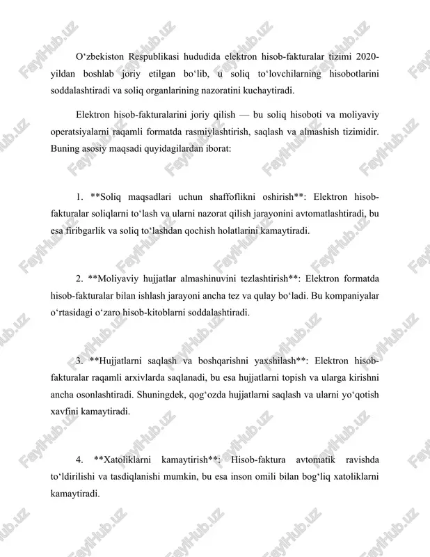 tajribaviy tizimni sinovdan o'tkazish** elektron schot fakturalarini keng miqyosda joriy qilishdan oldin, kichik hajmda sinovdan o'tkazish zarur. bu tizimning ishlashini, dasturiy ta'minotning to'g'ri ishlashini va barcha jarayonlarning uzluksizligini ta'minlashga yordam beradi. ### 4. **foydalanuvchilarga o'qitish va qo'llab-quvvatlash** elektron fakturalarni joriy qilishdan so'ng, foydalanuvchilar — ya'ni, tadbirkorlar va korxonalar — bu tizimni qanday ishlatishni o'rganishlari kerak. buning uchun: - maxsus treninglar va seminarlar tashkil etish. - qanday qilib elektron faktura yaratish, yuborish va olishni tushuntirish. - texnik yordamni taqdim etish. ### 5. **joriy etish va monitoring** elektron fakturalarni rasmiy ravishda joriy etgandan so'ng, ularning ishlashini doimiy ravishda monitoring qilish zarur. bu: - tizimning barqaror ishlashini tekshirish. - xatoliklar yoki muammolarni tezda aniqlash va hal etish. - elektron fakturalarning qabul qilinishi va soliq organlariga yetkazilishini ta'minlash. ### 6. **solik tizimi va audit** elektron schot fakturalari orqali davlat soliq organlari daromadlarni monitoring qilishni osonlashtiradi. bu, o'z navbatida, soliq to'lovchilarining haqiqiy daromadlarini aniqlash va …