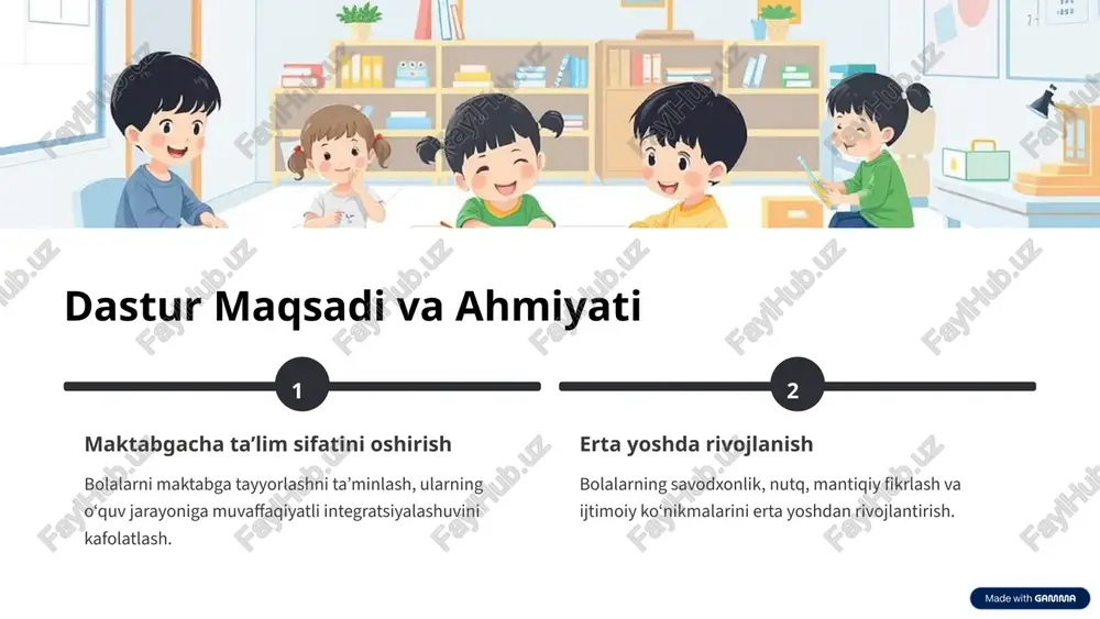 ’lim muhitini yaxshilash maktabgacha ta’lim muassasalarida zamonaviy jihozlar va o‘yin maydonchalarini yaratish orqali bolalar uchun qulay va rivojlantiruvchi muhitni ta’minlash. 12 xulosa: har bir bola – yurtimiz kelajagi “ilk qadam” davlat dasturi nafaqat bolalarni maktabga tayyorlash, balki ularda bilimga bo‘lgan ishtiyoqni uyg‘otish va kelajakdagi muvaffaqiyatlari uchun mustahkam zamin yaratishga qaratilgan. bu dastur orqali har bir bola sifatli ta’lim olish imkoniyatiga ega bo‘ladi va o‘z salohiyatini to‘liq namoyon eta oladi. bizning vazifamiz – yosh avlodning yorqin kelajagini qurish va ularni har tomonlama yetuk shaxs sifatida voyaga yetkazishdir. “ilk qadam” – bu buyuk maqsadlar sari ilk qadam! 13 📝 topshiriq 1. mavzu: “bolalarni savodga o‘rgatishda o‘yin metodlarining o‘rni” vazifa: “ilk qadam” dasturi asosida 5–6 yoshli bolalarni savodga tayyorlash uchun 3 xil didaktik o‘yin ishlab chiqing. har bir o‘yinning: maqsadini, kerakli materiallarini, o‘tkazish tartibini, kutiladigan natijani yozib chiqing. 📝 topshiriq 2. mavzu: “bolalarni maktabga tayyorlashda nutq va ijtimoiy ko‘nikmalarni rivojlantirish” vazifa: bolalarni maktabga …
