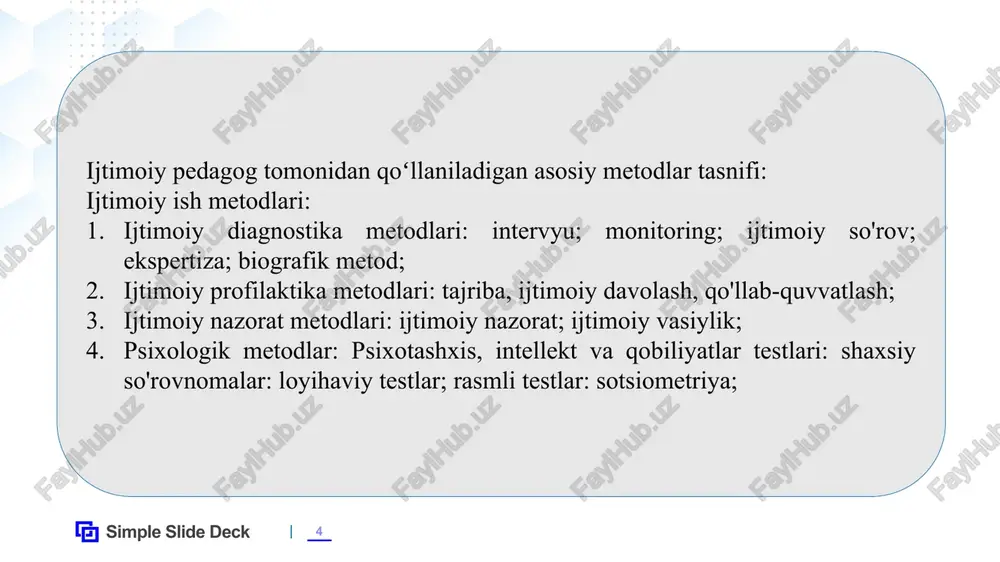 ‘lib o‘qitish shaklida yaxshi shakllanadi. buning uchun u quyidagilarga asoslanishi lozim: 1. ta’lim oluvchilar, o‘qituvchi va o‘quvchilar orasida tajriba, bilim, ma’naviy va axloqiy qadriyatlar almashinuvini tashkil qilish. 2. musobaqalashuv elementidan foydalanish. simple slide deck 13 o’zbekistonda ommaviy maktabgacha ta’lim muassasalarining rivojlanishi va unda bolalarning ijtimoiylashuvi tarixi. o’zbekistonda ommaviy maktabgacha ta’lim muassasalarining rivojlanishi va unda bolalarning ijtimoiylashuvi tarixi. o‘zbekistonda ommaviy maktabgacha tarbiyaning yuzaga kelishi xx asrning 1 yarimiga to‘g‘ri keladi. bu davrda turkistonda bolalarni gimnaziyaga kirishga tayyorlovchi xususiy bolalar bog‘chalari mavjud edi. 1919 yilda respublikadagi siyosiy va iqtisodiy holat munosabati bilan o‘sib kelayotgan avlodning sog‘lig‘ini saqlash, oziq-ovqat bilan ta’minlash masalalari bilan shug‘ullanuvchi “bog‘chalarni himoyalash kengashi tuzildi. bolalarni davlatning yanada sermahsul mintaqalariga ko‘chirib o‘tkazish, shuningdek, ularni ovqat, kiyim-kechak, turar joy, yoqilg‘i, tibbiy yordam bilan ta’minlash masalalari o‘rganilgan. simple slide deck 14 bu masalalarni yechishning asosiy vositasi — ommaviy oshxonalar, bolalar bog‘chalari va yaslilar tashkil etish bilan bir qatorda ayollarni respublikaning jamoat va …