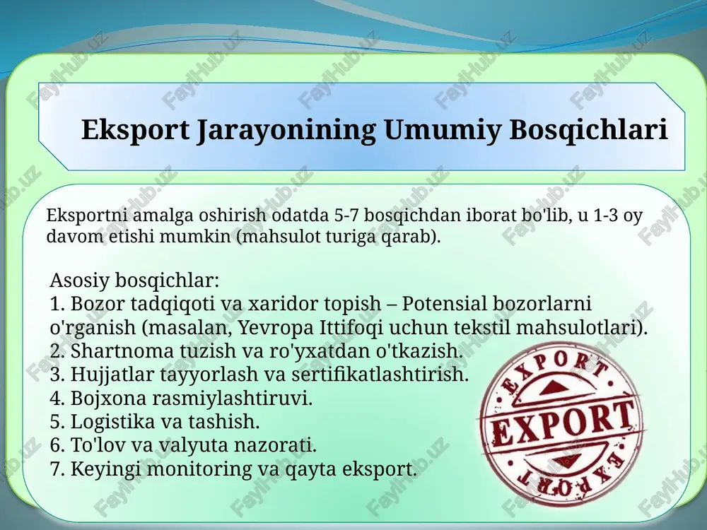 tlari. yechim: sug'urta va shartnomalarda jarima klausullari. - davlat yordami: eksport akseleratori (isav orqali, 2025-yilda 4-bosqich). kompensatsiyalar: tashish xarajatlari uchun 50% subsidiya. eksportdagi asosiy muammolar va ularni hal etish yo‘llari fanning o'quv-metodik majmuasi fanning o'quv-metodik majmuasi muammolar: logistika infratuzilmasining cheklanganligi; sertifikatlash va bojxona jarayonlarining uzoqligi; mahsulot raqobatbardoshligi pastligi yechimlar: raqamli eksport tizimlarini joriy etish (e-export); mahalliy ishlab chiqaruvchilarga davlat grantlari; eksport oldi moliyalashtirish va sug‘urtani kengaytirish. xulosa fanning o'quv-metodik majmuasi mahsulot eksportini to‘g‘ri tashkil etish — milliy iqtisodiyotning jadal o‘sishida hal qiluvchi omillardan biridir. har bir bosqichning to‘g‘ri bajarilishi nafaqat mahsulotni xorijga chiqarishni osonlashtiradi, balki mamlakatning xalqaro savdo reytinglarini ham oshiradi. e’iboringiz uchun rahmat! image2.jpeg image3.jpeg image4.jpeg image5.jpeg image6.jpeg image7.jpeg image8.jpeg image9.jpeg image10.jpeg image11.jpeg image12.jpeg image13.jpeg image14.jpeg image15.jpeg y bs gp oe 2 8 8 8 8 tashqi savdo aylanmasi va balans! (anvar-sentabr, min.aqsh dollar) 12020-yi 2021-yt “eksport import tashq! savdo aylanmasi! (2024- yl yarwar-iyun, min. aqsh dollar) ners y …