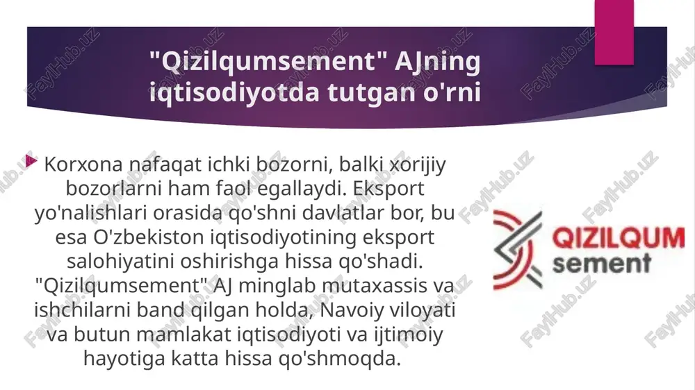 teriya bo'limi: byudjet, investitsiyalar va hisobotlarni yuritadi. inson resurslari va ijtimoiy bo'lim: xodimlarni o'qitish, kasbiy rivojlanish va ijtimoiy himoyani ta'minlaydi. innovatsiyalar va kelajak rejalari kelgusida “qizilqumsement” aj quyidagi yo‘nalishlarda ishlashni rejalashtirgan: energiya tejovchi texnologiyalarni yanada keng joriy etish; “yashil sement” ishlab chiqarish texnologiyalarini qo‘llash; mahsulot turlarini ko‘paytirish va eksport geografiyasini kengaytirish; raqamli boshqaruv tizimlarini joriy etish. "qizilqumsement" ajning moliyaviy-iqtisodiy ko'rsatkichlar tahlili daromad va foyda ko'rsatkichlari: - daromad (revenue): 2023 yilda 1,791 mlrd so'mdan 2024 yilda 2,221 mlrd so'mga o'sgan (o'zgarish +24%). bu qurilish sohasidagi talab o'sishi va eksport tufayli. - yaqqol foyda (gross profit): 575 mlrd so'mdan 987 mlrd so'mga (+72%), xarajatlarni optimallashtirish natijasida. - operatsion foyda (ebit): 154 mlrd so'mdan 664 mlrd so'mga (+331%), samaradorlik oshgan. "qizilqumsement" ajning moliyaviy-iqtisodiy ko'rsatkichlar tahlili - soliqdan oldingi foyda: 147 mlrd so'mdan 651 mlrd so'mga. - sof foyda (net profit): 110 mlrd so'mdan 378 mlrd so'mga (+244%). biroq, 2024 yilda sof savdo daromadi …