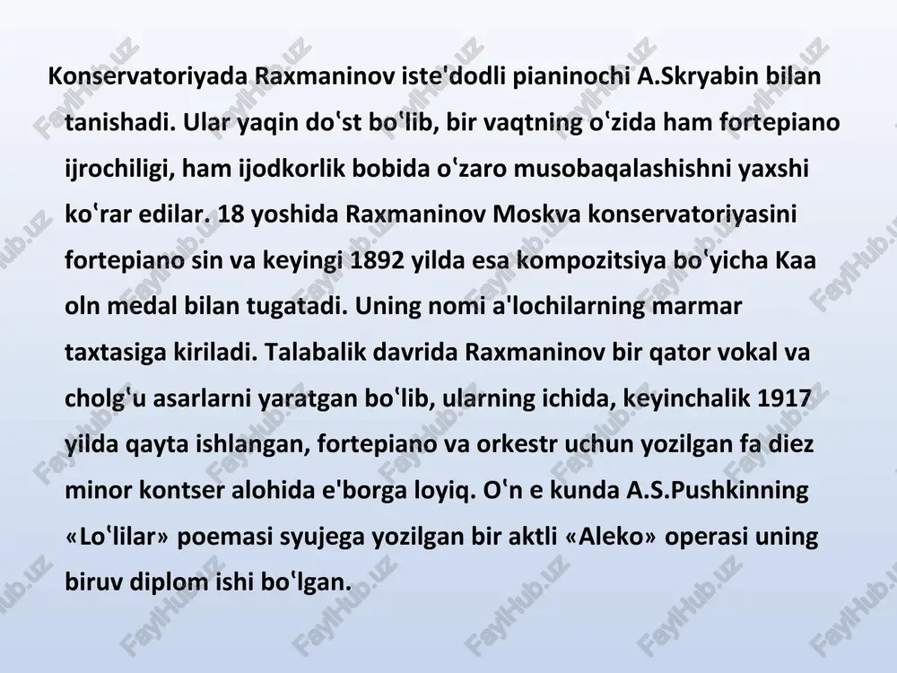 oshqalarga kerakli ekanligimni his qilaman. agar ishlab turmasam, unda men halok bo‛laman, nobud bo‛laman». butun jahon uning yubileyini nishonlash arafasida turgan bir vaqtda raxmaninov 1943 yilning 28 martida 70 yoshga to‛lishiga bir necha kun qolganida vafot etadi. s.v.raxmaninovning vokal-simfonik asarlari va xor uchun kompozitsiyalari ko‛p emas. bolalar yoki ixlosmandlar jamoasi uchun yozgan kichik pesalaridan tashqari, u «bahor» kantatasi, xor, orkestr va yakkaxon ovozlar uchun «bonglar» poemasi, simfonik orkestr va xor uchun «uchta rus qo‛shig‛i», hamda a’capella xor uchun «avliyo ioann zlatoust liturgiyasi» va «tungi amallar» nomli ikkita yirik turkumni yozgan. kompozitor tomonidan 3 ta simfoniya va dasturiy simfonik asarlar - m.yu.lermontovning she'ri asosida «qoya» a.byoklinning surati ta'sirida «marhumlar oroli» hamda «simfonik raqslar» ijod qilingan. s.v.raxmaninov ijodida kichik shaklidagi asarlar katta o‛rin egallaydi. shular jumlasiga 24 ta prelyudiya, 6 ta musiqiy lahzalar, 15 ta etyud-manzaralar, qator pesalar va transkriptsiyalar kiradi. s.v.raxmaninovning «24 prelyudiya»lari negizida major-minorning ketma-ket almashinishi va shunga muvofiq musiqiy …