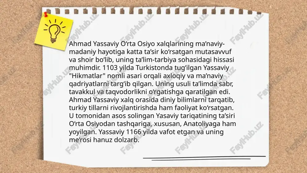 ustahkamlash va allohga to'liq tavakkul qilishni o'z ichiga oladi. naqshbandiy ta'limoti ham ruhiy tarbiyani, ham axloqiy fazilatlarni rivojlantirishni ta'kidlaydi. sofiylik ta'limoti. ahmad yassaviy,xoja abduxoliq gʻijduvoniy, bahouddin naqshband gʻoyalarining ta'lim-tarbiyaga ta'siri boltaboyeva marjona e'tiboringiz uchun raxmat! image1.jpg image2.png image3.jpg /docprops/thumbnail.jpeg