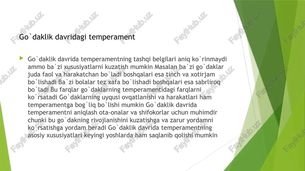 ramentini hisobga olish muhimdir chunki bu ularning rivojlanishi va tarbiyasi uchun muhim ahamiyatga ega ota-onalar o`qituvchilar va boshqa mutaxassislar bolaning temperamentini tushunish va unga mos tarbiya usullarini qo`llash orqali uning ijobiy rivojlanishiga hissa qo`shishlari mumkin xulosa bolalarning temperamentini hisobga olgan holda ularga individual yondashish kerak har bir bolaga o`ziga xos tarbiya usuli tanlash lozim bolalar bilan ochiq va samimiy muloqot qilish ularga qo`llab-quvvatlash ko`rsatish ularning o`ziga bo`lgan ishonchini oshirish muhimdir bolalarni o`z qobiliyatlarini rivojlantirishga undash kerak ularning qiziqishlarini qo`llab-quvvatlash ularning ijobiy rivojlanishi uchun juda muhimdir tavsiyalar 1. psixologiya darsligi 10-sinf toshkent 2023 2. bolalar psixologiyasi qo`llanma toshkent 2022 3. temperament va shaxsiyat moskva 2021 4. bolalar tarbiyasi qo`llanma samarqand 2020 5. oila psixologiyasi darslik namangan 2019 adabiyotlar