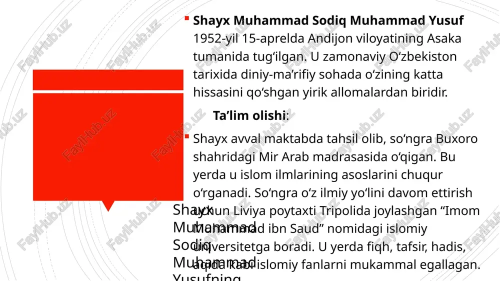 olarining islomiy yechimlarini ko‘rsatadigan bebaho manba hisoblanadi. asarda oila qurish, uni asrash, farzand tarbiyasi, o‘zaro hurmat, sabr, halollik va mas’uliyat kabi qadriyatlar chuqur tahlil qilinadi. bu asar yosh oilalar, ota-onalar, va umuman jamiyat a’zolari uchun muhim tarbiyaviy qo‘llanma bo‘lib xizmat qiladi. qur’on va sunnat asosida yozilgan bu kitob har bir musulmon oilasining qo‘lida bo‘lishi lozim bo‘lgan hayotiy dasturdir. e’tiboringiz uchun rahmat! image1.jpeg image2.jpeg image3.jpeg image4.jpeg /docprops/thumbnail.jpeg