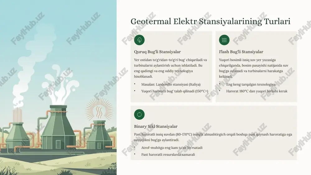 irish fermalari uchun ham keng qo'llanilmoqda. texnologik taraqqiyot va investitsiyalarning oshishi bilan geotermal energiya global energetika tizimida tobora muhimroq o'rin egallaydi. sun'iy intellekt va avtomatlashtirilgan monitoringlar samaradorlikni yanada oshirmoqda. 9 xulosa: geotermal energiya – barqaror kelajak kaliti ekologik toza manba geotermal energiya atrof-muhitga minimal ta'sir ko'rsatadi va karbonat angidrid chiqindilarini keskin kamaytiradi. bu barqaror rivojlanish maqsadlariga to'liq mos keladi. ishonchli va samarali 24/7 uzluksiz ishlab chiqarish, yuqori samaradorlik va uzoq muddatli foydalanish imkoniyati geotermal energiyani iqtisodiy jihatdan juda foydali qiladi. o'zbekiston uchun istiqbol o'zbekiston uchun geotermal resurslarni rivojlantirish energiya xavfsizligini oshirish va atrof-muhitni muhofaza qilishda muhim ahamiyatga ega. bugun harakat qilaylik – kelajak avlod uchun toza va barqaror energiya yaratamiz! geotermal energiya – bu nafaqat texnologiya, balki kelajak avlodlar uchun mas'uliyat va yashil sayyoramizni saqlash yo'lidagi muhim qadam. har birimiz bu jarayonda o'z hissamizni qo'shishimiz mumkin. 10 foydalanilgan adabiyotlar xalqaro manbalar international renewable energy agency (irena) – geothermal power: technology …