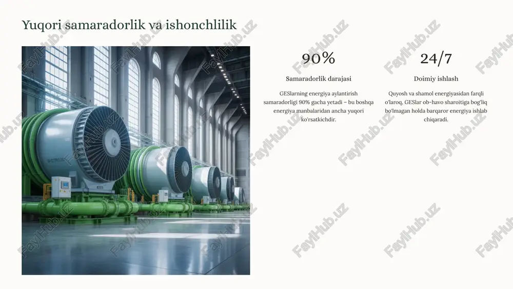 – energiya zaxirasi gidroakkumulyatsiyalovchi elektr stansiyalar (gaes) energiya zaxirasini yaratadi. tungi vaqtda arzon energiya bilan suvni yuqori havzaga ko'taradi, kunduzgi yuqori talab vaqtida esa bu suvni tushirib elektr ishlab chiqaradi. bu ulkan "batareya" kabi ishlaydi. 8 xulosa: gidroenergiya – barqaror va toza kelajak kaliti ekologik toza va ishonchli geslar atmosferaga zararli moddalar chiqarmaydi, atrof-muhitni ifloslamaydi va klimat o'zgarishiga qarshi kurashda muhim rol o'ynaydi. ular 90% gacha yuqori samaradorlik bilan ishlaydi va ob-havoga bog'liq bo'lmagan holda doimiy energiya ishlab chiqaradi. iqtisodiy jihatdan foydali dastlabki investitsiyalar yuqori bo'lsa-da, uzoq muddatda geslar juda tejamkor. past ekspluatatsiya xarajatlari, import yoqilg'isiga bog'liqlik yo'qligi va barqaror energiya narxlari katta iqtisodiy ustunlik yaratadi. energiya xavfsizligi va rivojlanish geslar energiya mustaqilligini ta'minlaydi, tashqi yoqilg'i ta'minotiga bog'liqlikni kamaytiradi va milliy energetika tizimini mustahkamlaydi. ular sug'orish, baliqchilik va turizm rivojlanishiga ham xizmat qiladi. "o'zbekiston uchun gidroenergiya – bu nafaqat bugungi kun ehtiyojlarini qondirish, balki kelajak avlodlar uchun barqaror, toza va …