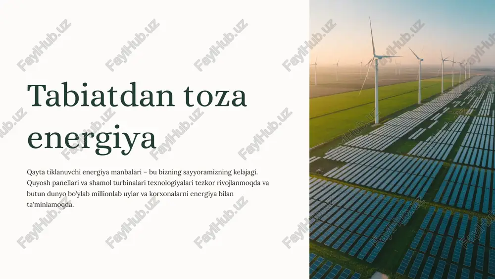 lish. 7 elektr energiyasining sifatini oshirish uchun zamonaviy yechimlar aqlli tarmoqlar smart grid texnologiyalari elektr tarmoqlarini raqamlashtiradi, real vaqtda monitoring va boshqaruv imkoniyatini beradi. energiya saqlash litiy-ion batareyalar, nasos-akkumulyatorli stansiyalar va boshqa saqlash tizimlari energiya barqarorligini ta'minlaydi. samaradorlik zamonavir transformatorlar, past yo'qotishli simlar va samarali qurilmalar energiya yo'qotishlarini kamaytiradi. integratsiya strategiyalari qayta tiklanuvchi energiya manbalarini elektr tarmoqlariga muvaffaqiyatli integratsiya qilish uchun bir qator texnologik va tashkiliy yechimlar zarur: 1 prognozlash tizimlari sun'iy intellekt va ob-havo prognozlari yordamida quyosh va shamol energiyasi ishlab chiqarishini oldindan bashorat qilish. 2 gibrid tizimlar turli qayta tiklanuvchi manbalarni birlashtirib, uzluksiz energiya ta'minotini ta'minlash. masalan, quyosh + shamol + batareya. 3 markazlashtirilmagan energiya uy va binolar darajasida quyosh panellari o'rnatish, tarmoq yukini kamaytirish va energiya mustaqilligini oshirish. ushbu yechimlar energiya sifatini oshirish, yo'qotishlarni kamaytirish va qayta tiklanuvchi manbalarni samarali integratsiya qilish imkonini beradi. natijada nafaqat ekologik, balki iqtisodiy jihatdan ham samarali energiya tizimi shakllanadi. 8 xulosa: …