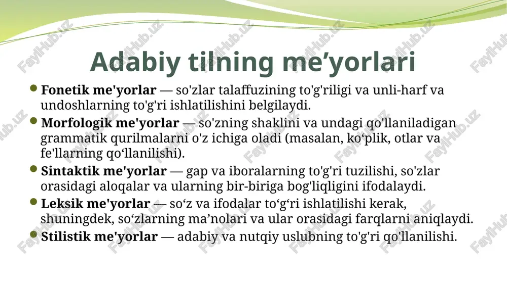 kitoblar) keng foydalanishga imkon beradi. o‘zbek tilini sun’iy intellekt va tarjima dasturlari uchun qulay qiladi. yangi alifbo va imlo me’yorlariga mos darsliklar, lug‘atlar va interaktiv o‘quv materiallari taqdim etilmoqda. imlo va adabiy me’yorlar o‘quvchilarning yozma va og‘zaki nutq ko‘nikmalarini rivojlantirishga yordam beradi. xulosa yangi alifbo va imlo me'yorlari o‘zbek tilining rivojlanishida muhim qadamdir. u tilni zamonaviy texnologiyalarga moslashtiradi, xalqaro maydonda uni tanitadi va milliy o‘zlikni saqlashga xizmat qiladi. shu bilan birga, adabiy til me'yorlari nutq va yozuvda aniqlik, go‘zallik va mantiqiylikni ta'minlaydi. ularning to‘g‘ri ishlatilishi har bir o‘zbekistonlik uchun til madaniyatining ajralmas qismi bo‘lishi kerak. foydalanilgan adabiyotla o‘zbek tili grammatikasi. i. g‘. g‘ulomov, n. z. mahmudov va boshqalar. toshkent, o‘zbekiston milliy ensiklopediyasi, 2003. o‘zbek adabiy tili tarixi. n. mahmudov, toshkent, 2014. o‘zbek tilining izohli lug‘ati (5 jildlik). toshkent: o‘zbekiston milliy ensiklopediyasi nashriyoti, 2006–2008. o‘zbekiston respublikasining "lotin yozuviga asoslangan o‘zbek alifbosini joriy etish to‘g‘risida"gi qonuni, 1993-yil 2-sentyabr. "davlat tili to‘g‘risida"gi qonun …