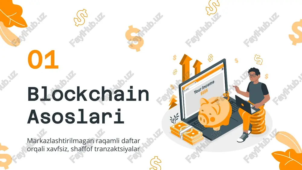 roved security and reduced fraud risk in cross-border transactions. 2. smart contracts in financial services: definition: self-executing contracts with predefined terms directly written into code. applications: insurance industry: automated claims processing based on predefined conditions. trade finance: streamlined trade agreements, reducing paperwork and delays. loans and mortgages: automated repayment and interest calculations. benefits: efficiency gains through automation, reducing manual errors. trust and transparency due to terms being directly visible and unalterable. cost savings and faster transaction processing in financial agreements. 3. blockchain for securities settlement: challenges in securities settlement: lengthy settlement periods, manual reconciliation, and high costs. blockchain solutions: real-time settlement of securities transactions. enhanced accuracy and reduced settlement risks. streamlined processes through automation and smart contract integration. benefits: faster and more efficient settlement, reducing counterparty risks. improved transparency and trust among involved parties. potential for significant cost reductions in the securities settlement process. qimmatli qog'ozlar bo'yicha hisob-kitoblar uchun blokcheyn …