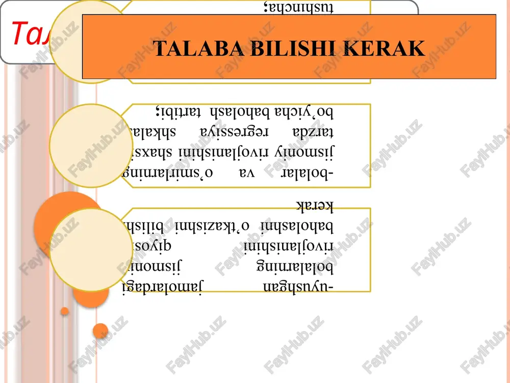 santimetrlar (sm) da ifodalanadi. mushaklarning rivojlanganligi mushak to‘qimalari va ularning tarangligi bilan baholash mushaklarning rivojlanganligi dinamometriya usuli bilan baholanib, ularga umumiy baho ballar bo'yicha (1,2,3) beriladi. teri osti yog’ qatlamini nafaqat ushlab ko'rib, uni sirg’aluvchi sirkul yordamida o'lchab ko'rish mumkin. qo'lning mushak kuchini aniqlash qo'lning mushak kuchi mushaklar rivojlanish darajasini belgilaydi va qo'l dinamometri yordamida o'lchanadi. bunda tekshiriluvchi tik turib qo'lini yon tomonga keng yoyadi va kaftlarida dinamometrni bor kuchi bilan (max) sig’adi. tekshiriluv 2-3 marta o'tkaziladi va eng katta ko'rsatkich kilogrammlarda yozib olinadi. 3.somatoskopik ko’rsatkichlar somatoskopiya tadqiqotlari kunduzgi yorug’lik paytida, xona harorati kamida 18-20 darajada issiq bo'lganda o'tkaziladi. somatoskopiya jarayonida gavda, ko'krak qafasining, qorinning, qo’l va oyoqlarning shakli, yog’ bosish darajasi, mushaklar va suyak tizimlari rivojining xususiyatlari aniqlanadi. somatoskopiya usuli bolalar va o'smirlarning tana tuzilishi turini hamda konstitutsiyasini aniqlashga imkon beradi. skoliozometr charm obruch va unga biriktirilgan yukli santimetrli lentadan iborat. shundan so'ng u tik turadi va uning bo'yniga …