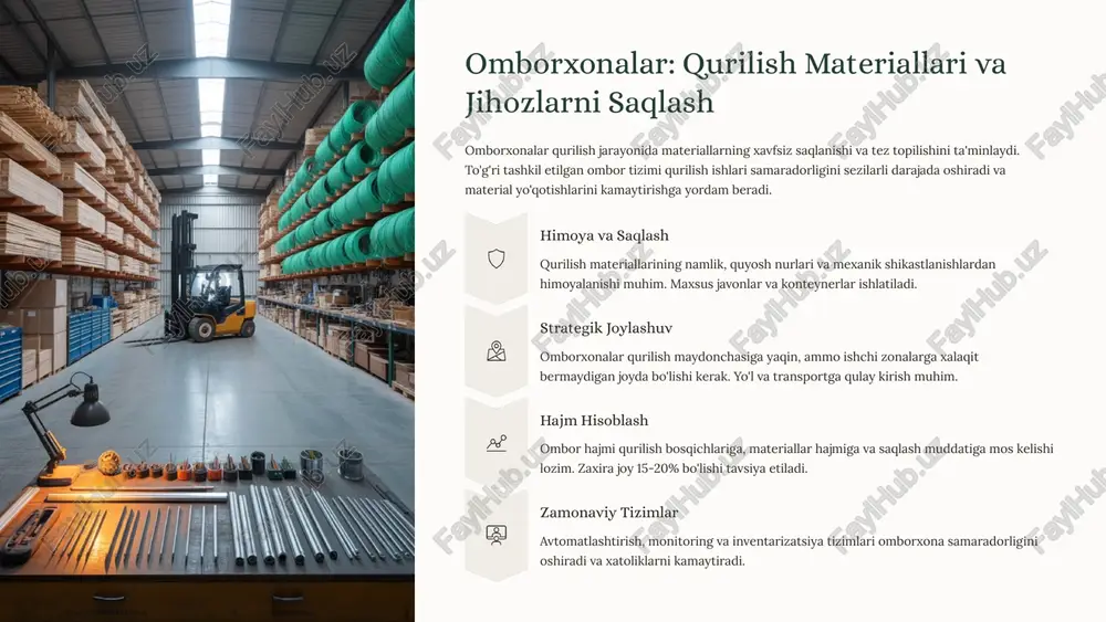 nalarda zamonaviy xavfsizlik choralari materiallar yo'qotilishini minimal darajaga tushirdi. 7 zamonaviy texnologiyalar va innovatsiyalar avtomatlashtirish tizimlari omborxonalarni avtomatlashtirish materiallar harakatini nazorat qiladi, inventarizatsiyani soddalashtiradi va xatoliklarni kamaytiradi. qr-kod va rfid texnologiyalari orqali har bir material real vaqtda kuzatiladi. iot monitoring internet of things (iot) qurilmalari yordamida qurilish maydonchasida har qanday parametrni real vaqt rejimida kuzatish mumkin: harorat, namlik, energiya iste'moli, xodimlar harakati va xavfsizlik holati. ekologik yechimlar energiya samaradorligi va ekologik toza materiallardan foydalanish atrof-muhitga ta'sirni kamaytiradi. quyosh panellari, yomg'ir suvlarini yig'ish tizimlari va qayta ishlangan materiallar qo'llaniladi. raqamli boshqaruv zamonaviy dasturiy ta'minot va mobil ilovalar qurilish jarayonini boshqarishni osonlashtiradi: real vaqtda materiallar harakati kuzatuvi ishchilar davomati va ish vaqti hisobi texnika va asbob-uskunalar holatini monitoring xavfsizlik xabardorlari va favqulodda aloqa 8 muammolar va ularni yechish yo'llari 1 joy yetishmasligi qurilish maydonchasining cheklanganligi ko'pincha asosiy muammo hisoblanadi. yechim: vertikal ko'p qavatli omborxonalar, modulli tizimlar va qayta ishlatilishi mumkin bo'lgan inshootlar …