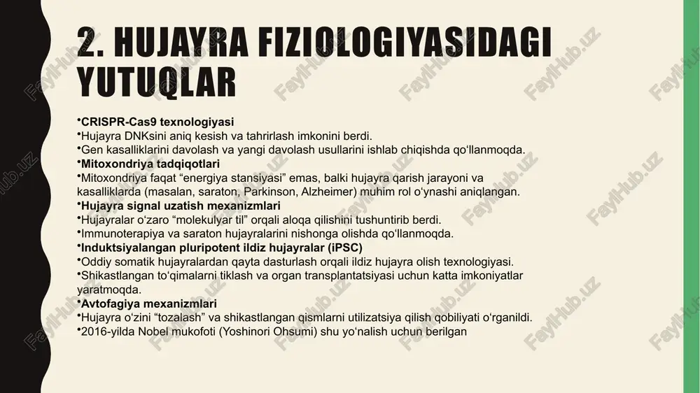 sh yondashuvlari translatsion fiziologiya ilmiy kashfiyotlarni amaliy tibbiyotga joriy etishga qaratilgan. crispr texnologiyasi yordamida genetik kasalliklarni tuzatish imkoniyatlari paydo bo‘ldi. personalizatsiyalangan tibbiyot bemorning genetik xususiyatlariga qarab davolashni tanlash imkonini bermoqda. 10. xulosa va istiqbollar fiziologiyaning zamonaviy yutuqlari inson salomatligini yaxshilashda muhim ahamiyat kasb etmoqda. kelajakda sun’iy intellekt va biotexnologiyalar fiziologiya fanini yangi bosqichga olib chiqadi. etik va texnologik muammolarni hal qilish orqali yanada samarali natijalarga erishiladi. image1.jpg image2.png /docprops/thumbnail.jpeg