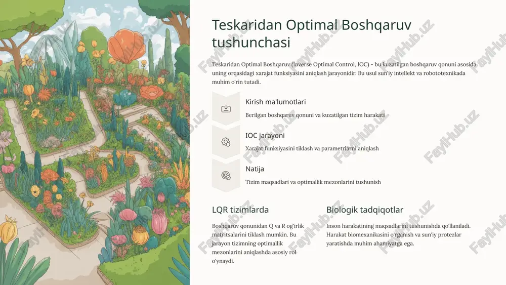 oshadi 89% barqarorlik muvozanat va barqarorlik yaxshilanadi 1 boshlang'ich trayektoriya oddiy, optimallashtirilmagan harakat yo'nalishi 2 iterativ jarayon ilqr algoritmi har bir qadamda trayektoriyani yaxshilaydi 3 optimal natija energiya tejamkor, barqaror va tez harakat 8 xulosa va kelajak istiqbollari muhim vositalar ilqr va ioc sun'iy intellekt va robototexnikada murakkab boshqaruv vazifalarini hal qilishda asosiy vositalar yangi algoritmlar zamonaviy yondashuvlar yordamida samarali va tushunarli boshqaruv tizimlari yaratish chuqur tushunish inson harakatining maqsadlarini yanada yaxshiroq tushunish imkoniyati avtonom tizimlar avtomatlashtirish sohasida yangi yutuqlarga erishish istiqbollari rivojlanish texnologiyalarning doimiy takomillashuvi va yangi qo'llanish sohalarining paydo bo'lishi nazariy ahamiyat bu usullar optimal boshqaruv nazariyasini rivojlantirishda muhim hissa qo'shmoqda va yangi tadqiqotlar uchun asos bo'lib xizmat qilmoqda. amaliy qiymat sanoat va texnologiya sohasida real muammolarni hal qilishda samarali vosita sifatida keng qo'llanilmoqda va kelajakda yanada ko'proq amaliy dasturlar kutilmoqda. 9 foydalanilgan adabiyotlar 1 ieee trans control syst technol (2014) inson muvozanat boshqaruvida teskaridan optimal boshqaruv usullarining …