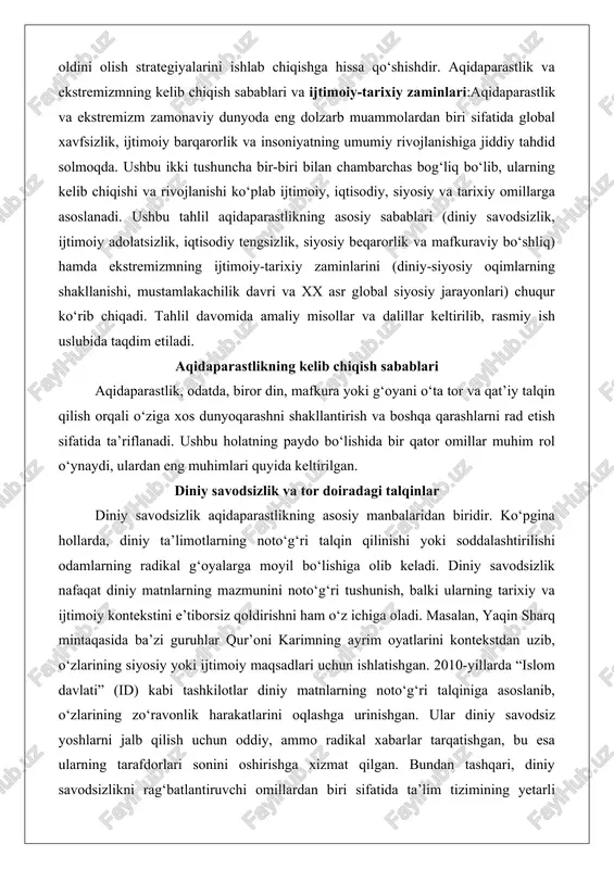 dirishni ham o‘z ichiga oladi. masalan, yaqin sharq mintaqasida ba’zi guruhlar qur’oni karimning ayrim oyatlarini kontekstdan uzib, o‘zlarining siyosiy yoki ijtimoiy maqsadlari uchun ishlatishgan. 2010-yillarda “islom davlati” (id) kabi tashkilotlar diniy matnlarning noto‘g‘ri talqiniga asoslanib, o‘zlarining zo‘ravonlik harakatlarini oqlashga urinishgan. ular diniy savodsiz yoshlarni jalb qilish uchun oddiy, ammo radikal xabarlar tarqatishgan, bu esa ularning tarafdorlari sonini oshirishga xizmat qilgan. bundan tashqari, diniy savodsizlikni rag‘batlantiruvchi omillardan biri sifatida ta’lim tizimining yetarli darajada rivojlanmaganligini keltirish mumkin. masalan, ba’zi rivojlanayotgan mamlakatlarda diniy ta’lim faqat ma’lum bir guruh yoki mazhab doirasida olib boriladi, bu esa yosh avlodning kengroq dunyoqarashga ega bo‘lishiga to‘sqinlik qiladi. natijada, ular tor doiradagi talqinlarga ko‘proq moyil bo‘lishadi. ijtimoiy adolatsizlik va iqtisodiy tengsizlik ijtimoiy adolatsizlik va iqtisodiy tengsizlik aqidaparastlikning rivojlanishi uchun qulay zamin yaratadi. jamiyatda keng tarqalgan adolatsizlik hissi, ayniqsa, iqtisodiy resurslardan teng foydalana olmaslik yoki ijtimoiy imtiyozlarning adolatsiz taqsimlanishi odamlarni radikal g‘oyalarga jalb qiladi. bunday holatda, aqidaparast guruhlar ko‘pincha …