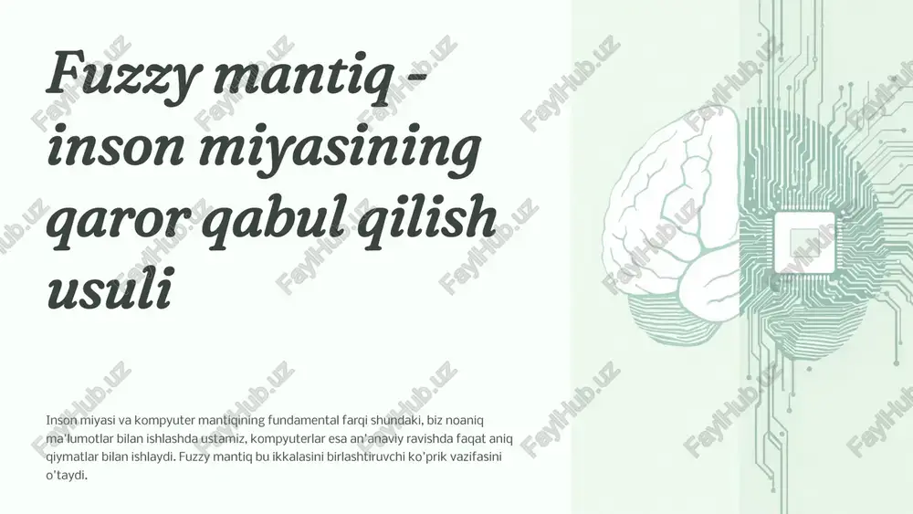 ksiyalari fuzzy to'plamlar grafik ko'rinishda uchburchak, trapetsiya yoki gauss egri chiziqlari shaklida tasvirlanadi. har bir nuqta o'zining a'zolik darajasiga ega bo'lib, bu 0 dan 1 gacha o'zgaradi. grafikda turli xil harorat diapazoni uchun fuzzy to'plamlar bir-biri bilan qisman kesishib turadi, bu esa silliq o'tishlarni ta'minlaydi. 7 3-bob: fuzzy mantiqning dasturiy ta'minotdagi qo'llanilishi fuzzy mantiq zamonaviy texnologiyalarda keng qo'llanilmoqda. uning asosiy afzalligi - murakkab tizimlarni oddiy qoidalar asosida boshqarish imkoniyatidir. quyida eng mashhur va amaliy qo'llanish sohalarini ko'rib chiqamiz. avtomatlashtirilgan boshqaruv tizimlari fuzzy mantiqning eng muvaffaqiyatli qo'llanilishi - maishiy texnikada. zamonaviy konditsionerlar xona harorati, namlik, odamlar soni va tashqi ob-havoni hisobga olib, optimal ishlash rejimini avtomatik tanlaydi. yoritish tizimlari esa tabiiy yorug'lik miqdori, vaqt va foydalanuvchi faolligiga qarab, lampalar yorqinligini moslaydi. kir yuvish mashinalari kir ifloslanish darajasi, to'qima turi va og'irligiga qarab, yuvinish parametrlarini optimallashtiradi. robototexnika va sun'iy intellekt zamonaviy robotlar noaniq muhitda harakat qilishlari kerak, va bu vazifani fuzzy mantiq …