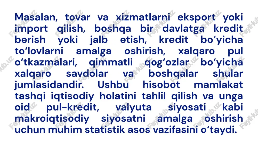 tini, shuningdek, almashish kursini aks ettiradi. importga bo‘lgan talabga daromad va nisbiy narxlardan tashqari boshqa omillar ham ta’sir ko‘rsatishi mumkin. kreditning mavjudligi bevosita import kreditlar taklif qilinganda importga ta’sir qiladi. shuningdek, ichki xarajatlar darajasiga ta’sir etuvchi boshqa kreditlar orqali bilvosita ta’sir etadi. miqdoriy chegarali va import takliflarining yuqori bo‘lishi importga bo‘lgan talabni cheklaydi. prognozlashtirishda shu cheklovchi omillarning mumkin bo‘lgan o‘zgarishini hisobga olish kerak. me’yoriy cheklashning o‘ziga va uning amalda ta’sir qilishiga ta’sir qiluvchi asosiy omil bo‘lib chet el valyutasining yo‘qligi xizmat qilishi mumkin. eksportning tahlil qilish u yoki bu davlatning eksport hajmi o‘sha davlatda ishlab chiqariladigan tovarlarning chet elga etkazib berish qobiliyati, ya’ni eksportni taklif qilishga, shuningdek, chet elliklarning shu tovarni sotib olishga bo‘lgan ishtiyoqi, eksportga bo‘lgan talabiga bog‘liq. umuman olganda tahlilni 2 bosqichga bo‘lish mumkin: 1. davlat ichida ishlab chiqarishni aniqlovchi omillar tahlili; 2. ishlab chiqarishning umumiy hajmi eksportga ketishini aniqlash. nisbiy narxning o‘zgarish almashish kurslari, eksport soliqlari yoki …