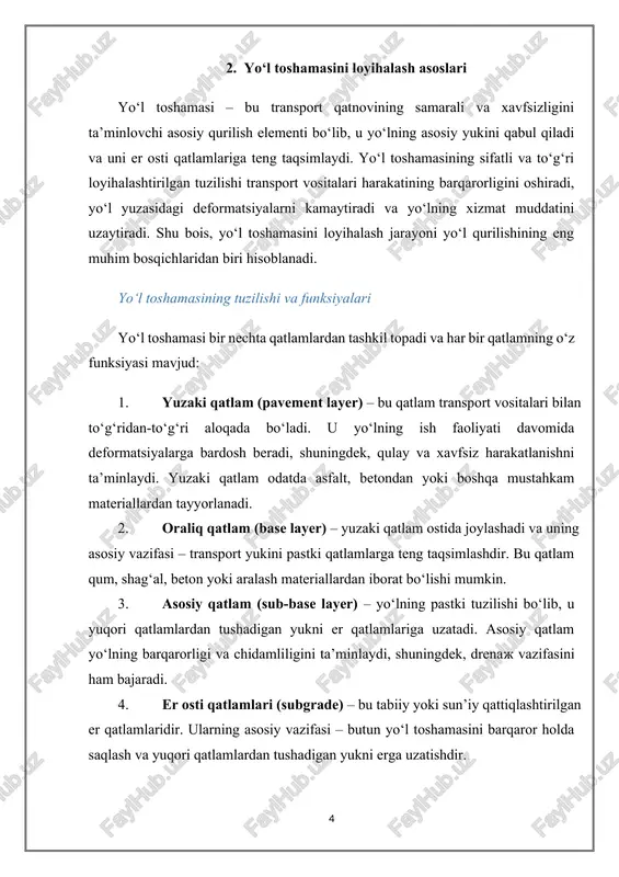 mustahkamligi yuqori bo‘lishi talab etiladi. 2. materiallar xossalari – qatlamlar uchun ishlatiladigan materiallarning zichligi, elastikligi, suvga chidamliligi va ish faoliyatiga ta’siri loyihalashda muhim hisoblanadi. sifatli material yo‘lning uzoq muddat xizmat qilishini ta’minlaydi. 3. qatlamlarning qalinligi – har bir qatlamning qalinligi transport yukini barqaror qabul qilish va deformatsiyani kamaytirishga mos ravishda aniqlanadi. qalinlikni hisoblashda geologik sharoitlar, yer sathi va suv darajasi hisobga olinadi. 4. drenaj tizimi – suvning qatlamlar orasida to‘planishi yo‘lning deformatsiyasiga va tez buzilishiga olib keladi. shu sababli, loyihalashda drenaj tizimi va suvni yo‘l yuzasidan samarali olib chiqish tizimi muhim hisoblanadi. 5. geometriya parametrlari – yo‘lning enligi, burilish radiusi, egri chiziqlari va boshqa geometriya elementlari qatlamlarning joylashishi va yuk taqsimoti uchun asos bo‘ladi. 6. iqlim va hudud sharoitlari – qattiq sovuq, yuqori namlik yoki tog‘li hududlarda yo‘l qatlamlari uchun maxsus materiallar va texnologiyalar tanlanadi. bu yo‘lning xizmat muddatini uzaytirish va xarajatlarni kamaytirish imkonini beradi. shunday qilib, yo‘l toshamasini loyihalash …