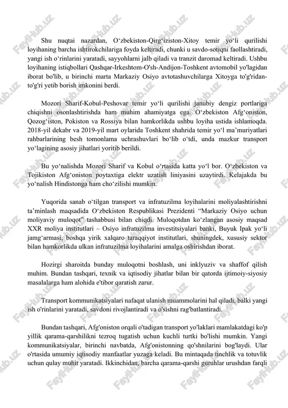 hamkorlikni yanada mustahkamlash borasidagi ustuvor yoʻnalishlar bilan uygʻundir. xitoy o‘zbekistonning yetakchi savdo-iqtisodiy va sarmoyaviy sheriklari qatoridan joy olgan. 2018-yilda ikki davlat o‘rtasidagi yalpi tovar ayirboshlash hajmi 35 foizga o‘sib, 6,42 milliard dollarga yetdi. bugungi kunda o‘zbekistonda xitoy sarmoyasi ishtirokidagi 1121 ta korxona faoliyat yuritmoqda. 2018-yilda 344 ta korxona tashkil etildi, bu 2017-yilga nisbatan ikki baravar ko‘p. o‘zbekiston iqtisodiyotiga kiritilgan xitoy sarmoyasining umumiy hajmi sakkiz milliard dollardan oshadi. o‘zbekiston respublikasi prezidenti “bir makon, bir yo‘l” forumining ikkinchi sessiyasi doirasida xitoy xalq respublikasi raisi si szinpin va butunxitoy xalq vakillari kengashi doimiy qo‘mitasi raisi li chjanshu bilan uchrashuv va muzokaralar o‘tkazdi. uchrashuvda si szinpin xitoy o‘zbekistonni o‘zining muhim strategik hamkori sifatida ko‘rishini hamda markaziy osiyoda tinchlik va barqarorlikni ta’minlash, ikki mamlakat xalqlarining umumiy o‘sishi va farovonligiga erishish yo‘lida hamkorlik qilishga tayyor ekanini ta’kidladi. xxr rahbarining soʻzlariga koʻra, prezident shavkat mirziyoyev “bir kamar, bir yoʻl” tashabbusi asoschilaridan biri hisoblanadi. o‘zbekistonning forumdagi ishtirokiga qaratilayotgan …