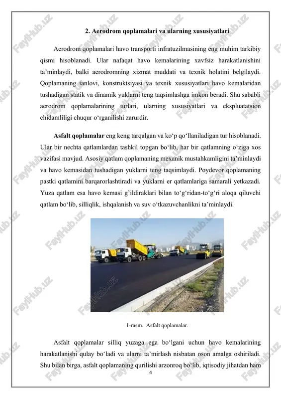 o kemalari uchadigan maydonlar yoki drenaj talab qilinadigan hududlarda qo‘llaniladi. bu qoplamalar suvni samarali o‘tkazuvchi va deformatsiyaga nisbatan yuqori chidamlilikka ega bo‘lib, nam sharoitlarda ham ishlashga moslashtirilgan. g’ovakli qoplamalar yengil havo kemalari uchadigan maydonlar va tez-tez namlanadigan hududlar uchun ideal hisoblanadi, ular silliq va barqaror yuzaga ega bo‘lib, deformatsiyaga chidamlidir. shu bilan birga, ular og‘ir havo kemalari uchun mo‘ljallanmagan va ekspluatatsion chidamliligi asfalt va beton qoplamalarga nisbatan pastroqdir. qoplamaning chidamliligi uning konstruktsion tuzilishi va texnik parametrlari bilan belgilanadi. har bir qatlamning qalinligi, material turi va elastiklik koeffitsienti qoplamaning deformatsiyaga chidamliligi, charchash jarayonini sekinlashtirish va xizmat muddatini uzaytirishda muhim rol o‘ynaydi. qoplamaning yuqori qatlamlari yukni pastki qatlamlarga teng taqsimlashi, pastki qatlamlar esa er yuzasiga yukni samarali yetkazishi lozim. shu bilan birga, qoplamaning drenaj tizimi va suvni o‘tkazish imkoniyati uning deformatsiyaga chidamliligini oshiradi va yoriqlar paydo bo‘lishining oldini oladi. 3. havo kemalarining ekspluatatsion yuklari va qoplamaga ta’siri aerodrom qoplamalarining ishlash sifati va …