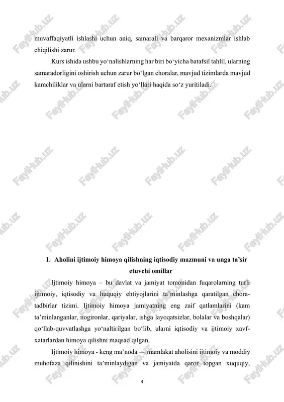 faqalari, ishga joylashish bo‘yicha dasturlar, kasb-hunar tayyorlash kurslari va malaka oshirish imkoniyatlari orqali ishga joylashishni qo‘llab-quvvatlash. 4. ijtimoiy xizmatlar: kam ta’minlangan oilalar, bolalar, keksalar, nogironlar kabi ehtiyojmand guruhlarga ko‘rsatiladigan xizmatlar (masalan, parvarish, reabilitatsiya, bolalar bog‘chalari va boshqalar). 5. mehnat huquqlarini himoya qilish: ishchilarning mehnat sharoitlari, ish haqi va ijtimoiy xavfsizlik huquqlarini himoya qilish. bu ishchilarning huquqlarini ta’minlash va mehnat bozorida adolatni sa’nglashga qaratilgan. ijtimoiy himoya tizimiga ta’sir etuvchi omillar: 1. iqtisodiy sharoitlar: ijtimoiy himoya tizimi davlatning iqtisodiy holatiga, resurslar va byudjet siyosatiga bog‘liq. iqtisodiy inqirozlar, yuksalish yoki davlatning qarz holati tizimning samaradorligini va kengligini belgilaydi. 2. demografik o‘zgarishlar: aholining yoshi, miqdori, ishchi kuchi va boshqa demografik omillar ijtimoiy himoya tizimiga bo‘lgan talabni shakllantiradi. misol uchun, qarish va yoshlarning kamayishi ijtimoiy himoya dasturlarini o‘zgartirishni talab qiladi. 3. siyosiy iqlim: hukumatning ijtimoiy siyosati, qonunlar, normativ hujjatlar va siyosiy barqarorlik ijtimoiy himoya tizimining samaradorligiga ta’sir qiladi. 4. global iqtisodiy omillar: xalqaro iqtisodiy inqirozlar, …