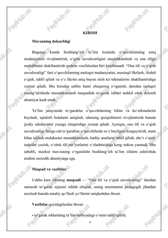 ik me’yorlarga rioya qilish, til vositalaridan ijodiy foydalanish kabi amaliy malakalarni egallaydilar. shu bilan birga, bunday mashg‘ulotlar o‘quvchilarni badiiy adabiyotga, o‘zbek tili boyligiga hurmat ruhida tarbiyalaydi. ta’lim-tarbiya jarayonida to‘garaklar tarbiyaviy vazifani ham bajaradi. ular o‘quvchilarda vatanga sadoqat, milliy qadriyatlarga hurmat, o‘z ona tiliga mehr, adabiy merosga e’tibor tuyg‘ularini shakllantiradi. badiiy asarlar bilan ishlash, o‘z fikrini ifodalash jarayonida o‘quvchi shaxsiy dunyoqarashini boyitadi, estetik zavq oladi, nutqiy madaniyatini oshiradi. shu sababli to‘garaklar nafaqat bilim manbai, balki tarbiyaviy maktab ham hisoblanadi. o‘qituvchining mahorati to‘garak faoliyatining samaradorligini belgilovchi asosiy omillardan biridir. u to‘garak mavzusini, mashg‘ulot mazmunini, metodlarini o‘quvchilarning yosh xususiyatlari va qiziqishlariga mos holda tanlashi kerak. interfaol metodlardan – “aqliy hujum”, “rol o‘ynash”, “bahs-munozara”, “kichik guruhlarda ishlash”, “ijodiy topshiriqlar” kabi usullardan foydalanish o‘quvchilarning faol ishtirokini ta’minlaydi. bu esa to‘garakni darsga nisbatan yanada qiziqarli, ijodiy va samimiy muhitda o‘tkazishga yordam beradi. umuman olganda, to‘garak faoliyati o‘quvchilarning ijodiy qobiliyatlarini rivojlantirish, mustaqil o‘qish va tahlil qilish, nutqiy …