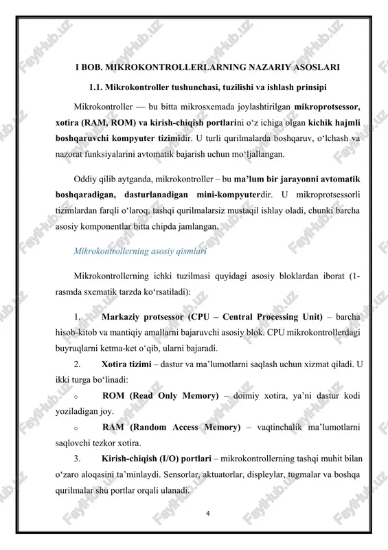 clock oscillator) – mikrokontrollerning barcha amallarini sinxronlashtiruvchi takt chastotasini hosil qiladi. 1-rasm. mikrokontrollerning umumiy tuzilma sxemasi (bu joyga mikrokontroller arxitekturasining oddiy blok-sxemasi joylashtiriladi: cpu, rom, ram, i/o portlar, taymer, adc, interfeyslar va soat generatori o‘rtasidagi aloqalar.) mikrokontrollerning ishlash prinsipi mikrokontrollerning ishlash jarayoni quyidagi bosqichlarda amalga oshadi: 1. dastur yozish – foydalanuvchi mikrokontrollerga bajariladigan buyruqlar ketma-ketligini (algoritmni) dasturlash tilida (odatda c/c++ yoki assembly) yozadi. 2. dastur kompilyatsiyasi va yozilishi – yozilgan dastur mashina kodiga aylantirilib, mikrokontrollerning rom xotirasiga yoziladi. 3. buyruqlarni bajarish – cpu romdan buyruqlarni ketma-ket o‘qib, ularni bajaradi. buyruqlar ma’lumotlarni o‘qish, arifmetik yoki mantiqiy amallarni bajarish, chiqish portlariga signal yuborish kabi operatsiyalar bo‘lishi mumkin. 4. sensor ma’lumotlarini o‘qish va ishlov berish – mikrokontroller kirish portlari orqali sensorlardan signal oladi, uni raqamlashtiradi va kerakli hisob-kitoblarni bajaradi. 5. natijani chiqarish yoki aktuatorni boshqarish – qayta ishlangan ma’lumot asosida chiqish portlari orqali aktuatorlar (masalan, led, motor, rele) boshqariladi. shunday qilib, mikrokontrollerning ishlashi …