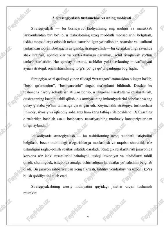 gan davrda u doimiy ravishda qayta tahlil qilinib, zarur hollarda tuzatiladi. chunki iqtisodiy muhitdagi har bir o‘zgarish strategiyani qayta ko‘rib chiqishni talab qiladi. strategik boshqaruv nazariyasiga ko‘ra, samarali strategiya quyidagi bosqichlarda shakllanadi: · tashqi muhitni tahlil qilish (bozor, raqobatchilar, mijozlar, texnologiyalar, siyosiy omillar); · ichki imkoniyatlarni baholash (resurslar, kadrlar salohiyati, ishlab chiqarish quvvati, moliyaviy holat); · strategik maqsadlarni belgilash (missiya, vazifalar, ustuvor yo‘nalishlar); · strategiyani ishlab chiqish va uni amalga oshirish mexanizmini yaratish; · strategiyaning bajarilishini nazorat qilish va baholash. shuningdek, strategiyalash jarayonida inson omili juda katta rol o‘ynaydi. chunki har qanday rejalashtirish jarayonining markazida inson, uning bilim darajasi, tajribasi va tashabbuskorligi turadi. rahbarning strategik fikrlashi, jamoaning motivatsiyasi va innovatsion g‘oyalarga ochiqligi strategiyaning muvaffaqiyatli amalga oshirilishiga xizmat qiladi. zamonaviy iqtisodiy sharoitda strategiyalash nafaqat ishlab chiqarish korxonalarida, balki xizmat ko‘rsatish, ta’lim, sog‘liqni saqlash, axborot texnologiyalari va davlat boshqaruvi tizimlarida ham keng qo‘llanilmoqda. masalan, har bir mamlakat o‘zining milliy iqtisodiy strategiyasini ishlab …