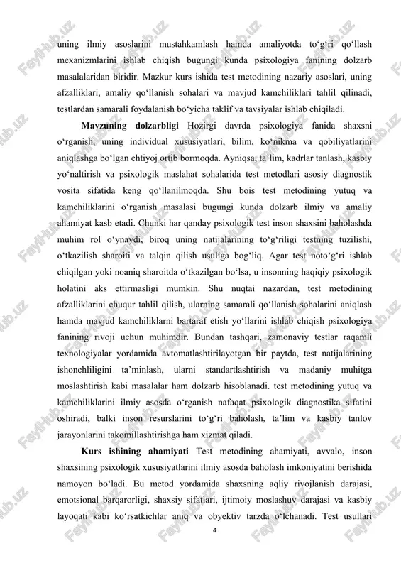 anish testlarini yaratgan bo‘lsa, keyinchalik ingliz olimi ch. spirmen intellektni baholashning statistik usullarini ishlab chiqqan. xx asr davomida d. veksler, r. kettell, g. ayzenk, d. raven kabi olimlar tomonidan turli psixologik testlar ishlab chiqilib, ularning nazariy va amaliy asoslari shakllantirildi. o‘zbekiston psixologiya fanida ham test metodlarini o‘rganish so‘nggi o‘n yilliklarda keng rivojlanmoqda. mahalliy olimlardan a. abdullayev, s. karimov, n. islomova, m. xaydarov, d. jo‘rayev kabi mutaxassislar testlash metodikasi, uning milliy sharoitga moslashtirilishi va yoshlar psixologiyasidagi qo‘llanilishi bo‘yicha ilmiy izlanishlar olib borganlar. shu bilan birga, o‘zbekiston respublikasi oliy ta’lim tizimida test usullaridan keng foydalanish, kadrlar tanlash jarayonida psixodiagnostik testlarni joriy etish, ularni avtomatlashtirish jarayonlari bu metodning amaliy ahamiyatini yanada oshirdi. kurs ishining maqsadi psixologiyada test metodining nazariy asoslarini, amaliy qo‘llanishini, yutuq va kamchiliklarini tahlil qilish hamda ularning inson shaxsini o‘rganishdagi ahamiyatini aniqlashdan iborat. kurs ishiningh vazifalari · psixologik test metodining nazariy asoslarini tahlil qilish; · test metodining afzallik va kamchilik tomonlarini …