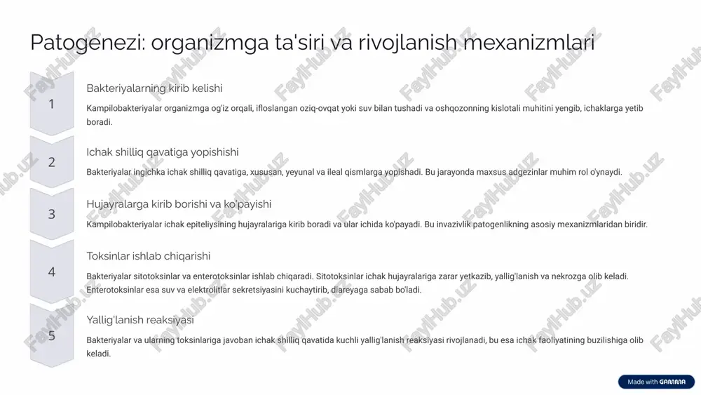 ichak mikroflorasini tiklash uchun probiotiklar tavsiya etiladi. ovqatlanish: davolanish davrida yengil hazm bo'ladigan, kam yog'li va kam tolali ovqatlar tavsiya etiladi. 7 profilaktika choralari: gigiena qoidalari va sanitariya-epidemiologik tadbirlar shaxsiy gigiyena oziq-ovqat tayyorlashdan oldin va keyin, hojatxonadan so'ng qo'llarni sovun bilan yaxshilab yuvish, ayniqsa uy hayvonlari bilan kontaktda bo'lgandan keyin, majburiy hisoblanadi. oziq-ovqat xavfsizligi parranda go'shtini to'liq pishirish, chala pishirilgan go'sht iste'mol qilmaslik. xom go'shtni boshqa mahsulotlardan alohida saqlash va pishirishda turli kesish taxtalari hamda pichoqlardan foydalanish shart. suv xavfsizligi faqat qaynatilgan yoki xlorlangan suvni iste'mol qilish. noma'lum manbalardagi suvdan, ayniqsa sayohat paytida, ichishdan saqlanish kerak. veterinariya nazorati chorvachilik va parrandachilik xo'jaliklarida sanitariya normalariga rioya qilish, hayvonlarni muntazam ravishda veterinariya ko'rigidan o'tkazish infeksiya manbasini nazorat qilishga yordam beradi. 8 bolalarda kampilobakteriozning o'ziga xos xususiyatlari yuqori sezuvchanlik bolalar, ayniqsa yosh bolalar, kampilobakteriozga kattalarga nisbatan ko'proq moyil bo'lishadi, chunki ularning immun tizimi hali to'liq shakllanmagan. 1 og'ir kechishi kasallik bolalarda tezroq rivojlanadi …