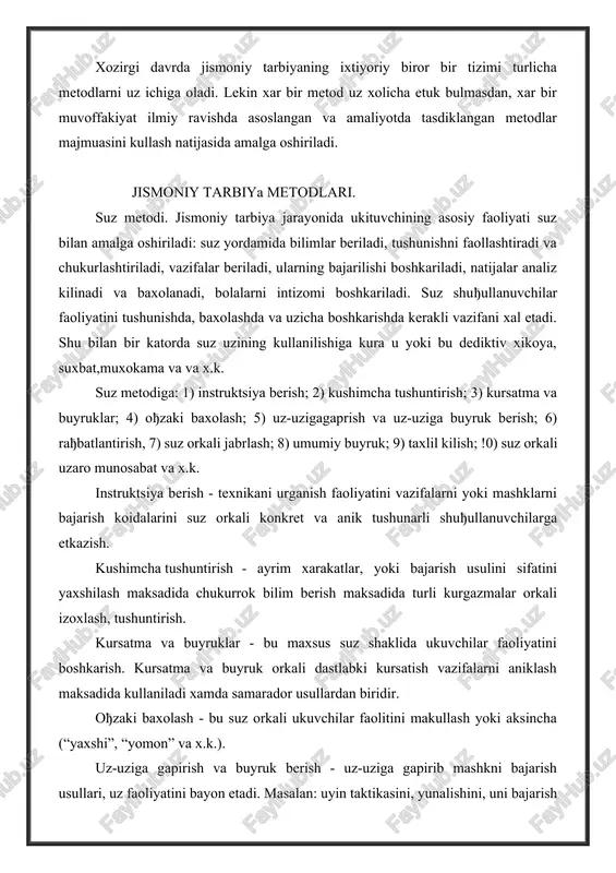 k bilim berish maksadida turli kurgazmalar orkali izoxlash, tushuntirish. kursatma va buyruklar - bu maxsus suz shaklida ukuvchilar faoliyatini boshkarish. kursatma va buyruk orkali dastlabki kursatish vazifalarni aniklash maksadida kullaniladi xamda samarador usullardan biridir. oђzaki baxolash - bu suz orkali ukuvchilar faolitini makullash yoki aksincha (“yaxshi”, “yomon” va x.k.). uz-uziga gapirish va buyruk berish - uz-uziga gapirib mashkni bajarish usullari, uz faoliyatini bayon etadi. masalan: uyin taktikasini, yunalishini, uni bajarish usullarini fikran rejalashtiradi. bu usulning asosi - bu suzning xarakat bilan boђlikligidir va shu kabilir. kurgazmalilik metodi. jismoniy tarbiyada kurgazmalilik metodi keng kullaniladi, ya’ni xamma sezgi organlariga ta’sir etib bor narsalar bilan aloka urnatiladi. bunda kurish, xarakat, va boshka sezgilardan foydalaniladi. keng ma’nodagi kurgazmalikni amalga oshirishda mashklarning xarakteristikasi, bajarish sharoitlariga asoslangan metodlar majmuasidan froydalanib bu meitodlar kuyidagi guruxchalarga bulinadi. ular bevosita namoyish kilishi ukituvchi tomonidan yoki bir ukuvchi yordamida metodik kursatish kiradi. mashklarni bajarilishining xarakat ta’sirining, koidalari xakida dastlabki tassavurlarni …