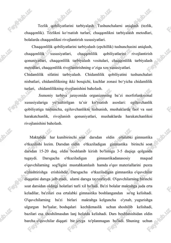 ing ba'zi birlari maktabga kelguncha o'ynab, yugurishga ulgurgan bo'lsalar, boshqalari kechikmaslik uchun shoshilib kelishadi, bazilari esa shoshilmasdan lanj holatda kelishadi. dars boshlanishidan oldin barcha o'quvchilar diqqati bir joyga to'planmagan bo'ladi. shuning uchun o'quvchilar diqqatini bir joyga to'plash maqsadida va ularni aqliy mehnatga tayyorlash uchun darsdan oldingi gimnastika mashg'ulotini o'tkazish maqsadga muvofiqdir. darsdan oldin o'tkaziladigan gimnastika har bir tuman, shahar va qishloq maktablarida o'tkazilishi shart. bu tadbirni doimo muvoffaqiyatli o'tkazish uchun maktab o'qituvchilari jamoasi, maktab ma'muriyati . jismoniy tarbiya o'qituvchisi, boshlang'ich sinf o'qituvchisi , maktab fizkul'tura faollari, o'quvchilar va ota-onalar hamkorlikda tegishli tayyorgarlik ishlarini olib borishlari kerak. maktak pedagogika kengashida bu masala ham vaqti vaqti bilan muhokama qilinib turilsa, maktab rahbariyati bevosita unga qiziqish bilan qarasalar, ertalabki gimnastika tadbirlari tezda maktab hayotiga singib ketishi mumkin. ertalabki gimnastikani o'tkazishni yaxshi yo'lga qo'yish uchun maktab jismoniy tarbiya o'qituvchisi yuqori sinf o'quvchilaridan , yoshlar qo'mitasining faollaridan tashkil topgan sportchi instruktorlarni tayyorlashlari mumkin. buning uchun …