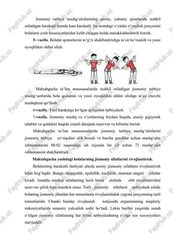 ara olish qobiliyatidir. u qandaydir bir signalga javob tariqasi bajarilgan harakat tezligiga (harakat reaksiyasi deb ataladigan tezlikka), ayrim harakatlar tezligiga, shuningdek ko‘p marta takrorlanayotgan harakatlarning tezligiga bog‘liq bo‘ladi. harakatlarning mana shu barcha ta’rif-tavsifi, bog‘chadagi kichik yoshdagi bolalardan boshlab to katta gruppadagi bolalarda muntazam mashq natijasida o‘sib boradi. chaqqonlik va epchillikning rivojlanishiga o‘yin va mashqlarni muntazam bajarib borish orqali erishiladi. bunda atrofdagi muhit sharoitning o‘zgarishiga qarab shug‘ullanuvchilar tezlik bilan javob reaksiyasi berishlari hamda bir harakatdan ikkinchisiga jadallik bilan o‘tishlari, tez siljishlari va topshiriqni bajarishlari muhimdir. turli o‘yinlar hamda to‘siqlarni engib o‘tish, to‘xtab-to‘xtab, burilishlar bilan bajariladi birdan berilgan signal bo‘yicha xilma-xil topshiriqlarni bajarish, hatlab o‘tish, engashibemaklab o‘tish bilan bog‘liq bo‘lgan mashqlar, muvozanat mashqlari, har turli sport o‘yinlari va boshqalar mana shunday chaqqonlik va epchillikni o‘stiruvchi mashqlar hisoblanadi. kuchlilik-bu muskullarni ma’lum darajada zo‘riqtira olish qobiliyati bo‘lib, chaqqonlik va epchillikni tarbiyalashning muhim tarkibiy qismi hisoblanadi. maktabgacha yoshdagi bolaning muskullari hali yaxshi rivojlanmagan bo‘ladi, uning …