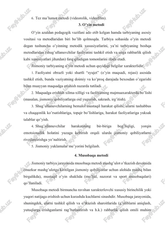 xususiyatlarning (xudbinlik, o’ziga o’ta bino qo’yish, dag’allik va h.k.) tarkib topishiga ham imkon berishi mumkin. shu sababli musobaqa metodiga mohirona pedagogik rahbarlik qilingan taqdirdagina u ma’naviy hamda jismoniy tarbiya sohasidagi o’z rolini oqlay oladi. 5. qat’iy tarkiblashtirilgan mashqlar metodi bu metodda shug’ullanuvchilar faoliyati qat’iy tarkiblashtirilgan holda tashkil etilib, quyidagilardan iborat bo’ladi: · qat’iy belgilangan harakat rejasi (harakat tarkibi ularning o’zgarishi, takrorlanish va bir-biri bilan o’zaro bog’liqligi); · jismoniy yuklanishni qat’iy normallashtirish, mashq jarayo-nida uning dinamikasini to’la boshqarish, shuningdek, dam olish oralig’ini qat’iy tartibga solish va ularni belgilangan tartibda jismoniy yuklanish bilan almashtirish; · shug’ullanuvchilarning faoliyatini boshqarishni yengillash-tiruvchi tashqi sharoitlarni yaratish yoki ulardan foydalanish mashg’ulot joylarida guruhlarni tuzish va taqsimlash, o’quv vazifalarini bajarishga, yuklamani me’yorlashga, ularning ta’sirini nazorat qilishga imkon beruvchi yordamchi jihozlar, treklar va boshqa texnik qurilmalardan foydalanish. harakatlarga o’rgatish jarayonida qo’llaniladigan mashq metodlari 2 xil bo’lib, ular quyidagilardan iboratdir: 1) bo’lingan – konstruktiv mashq metodi (mashqlarni qismlarga bo’lib o’rgatish …